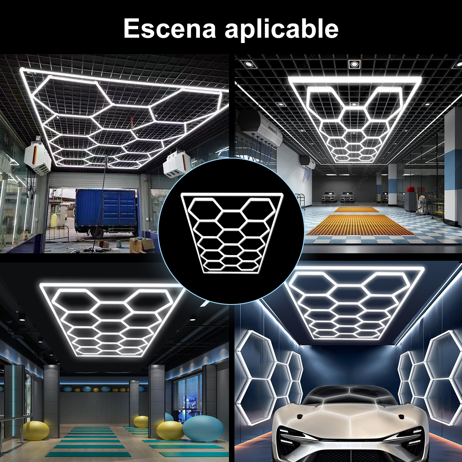 Luces hexagonales en varios escenarios: garaje, gimnasio, primer plano.