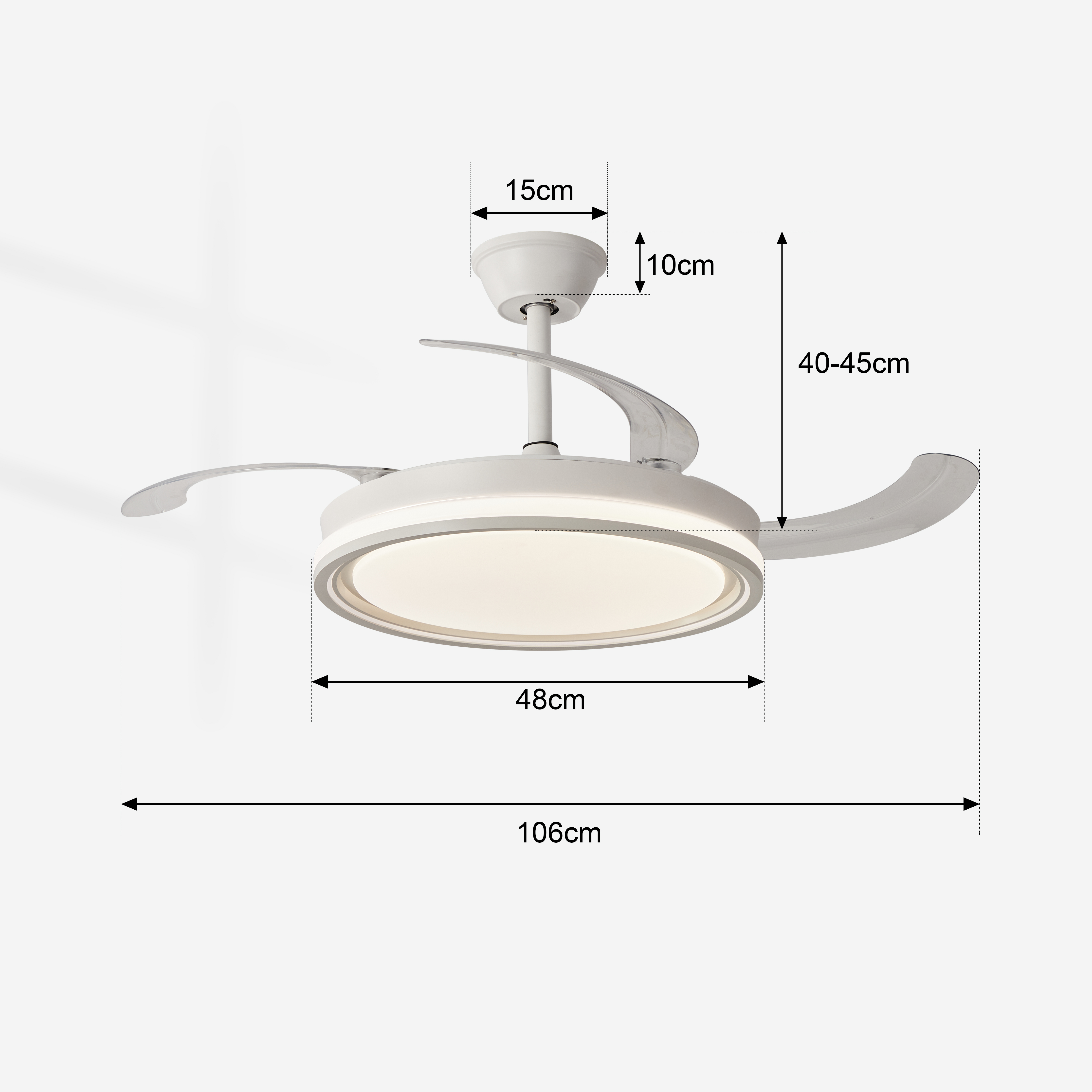 Un ventilador de techo blanco con luz integrada, mostrando dimensiones.