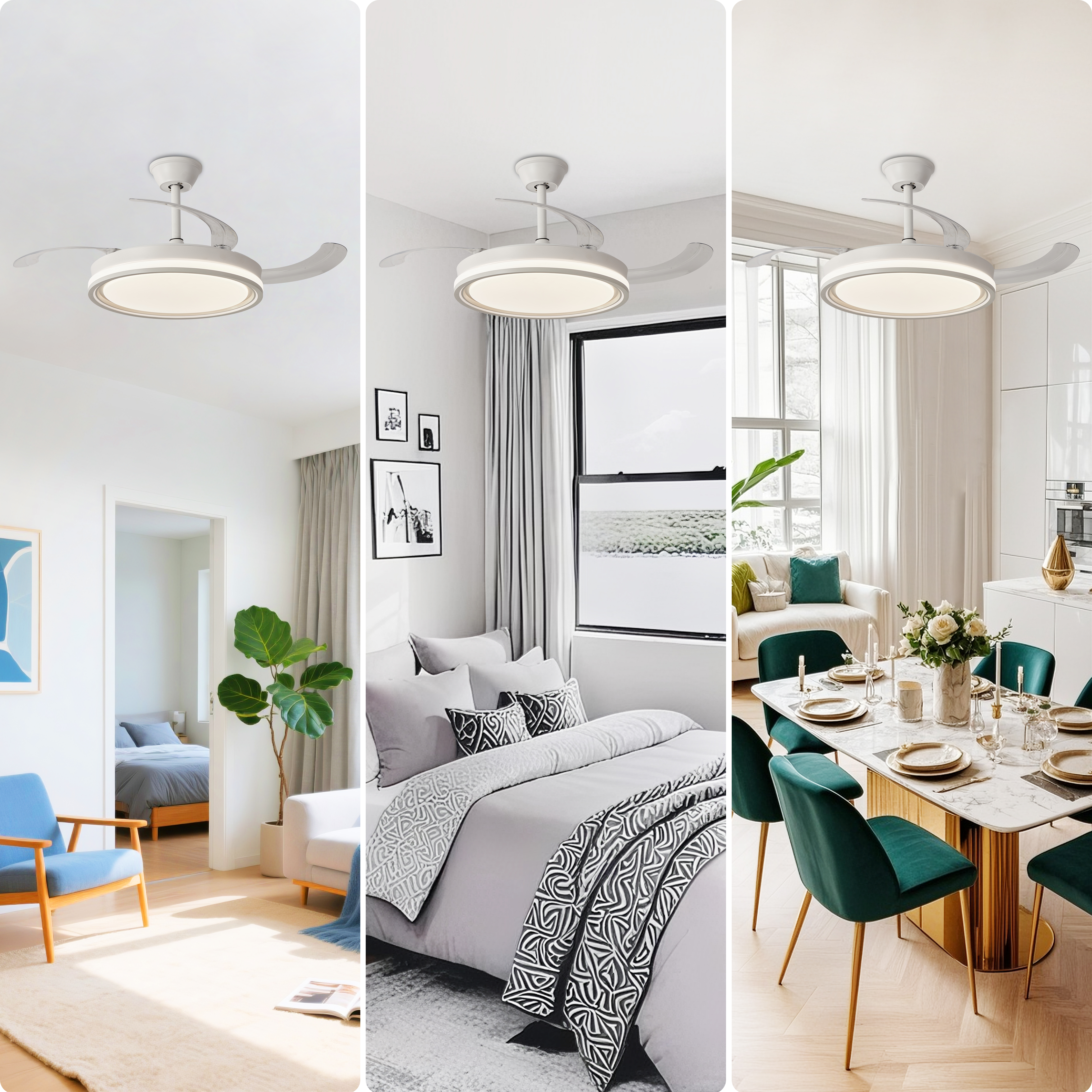 Sala de estar, dormitorio y comedor modernos con ventiladores de techo e iluminación.