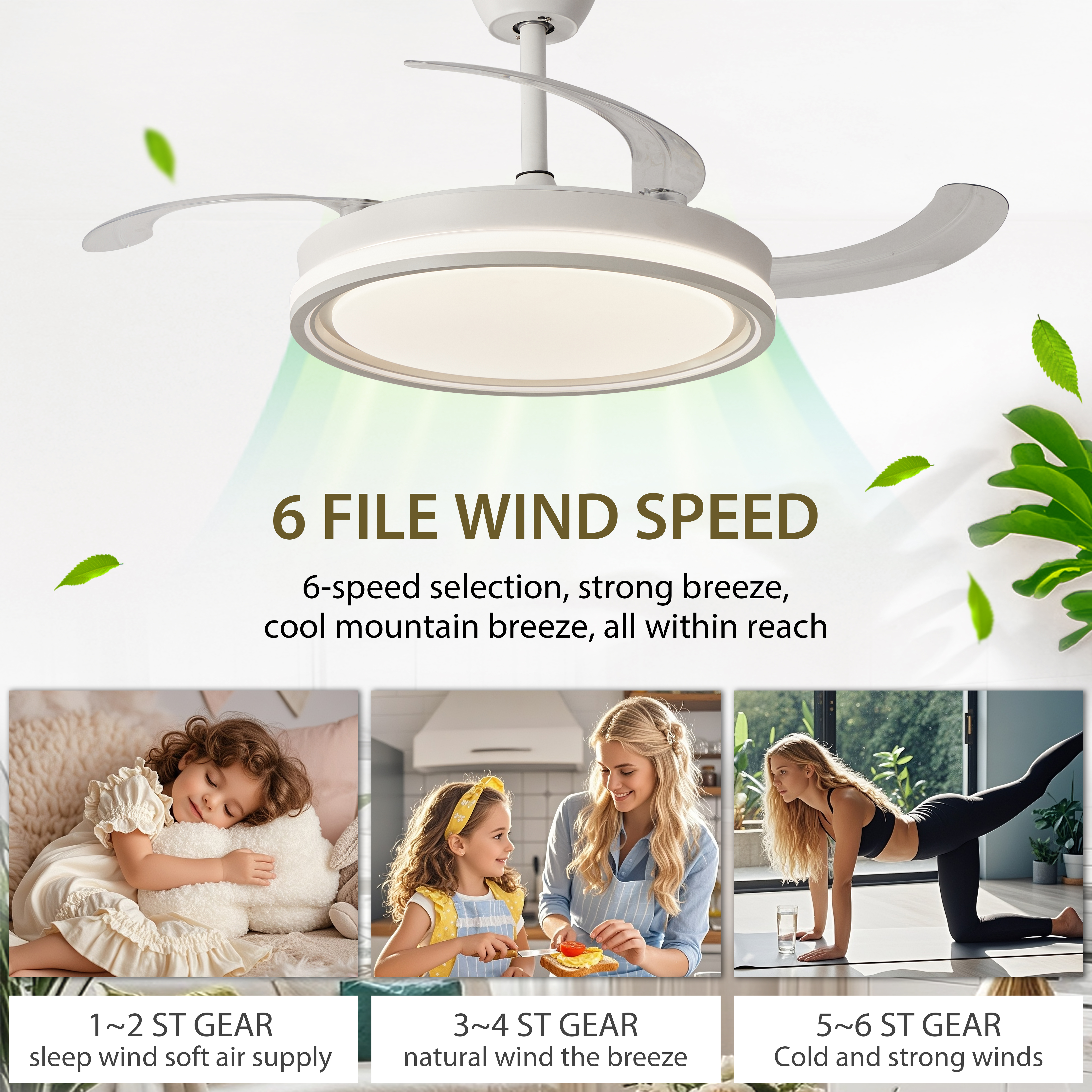 Ventilador de techo con luz, 6 velocidades, muestra niño durmiendo, familia y pose de yoga.