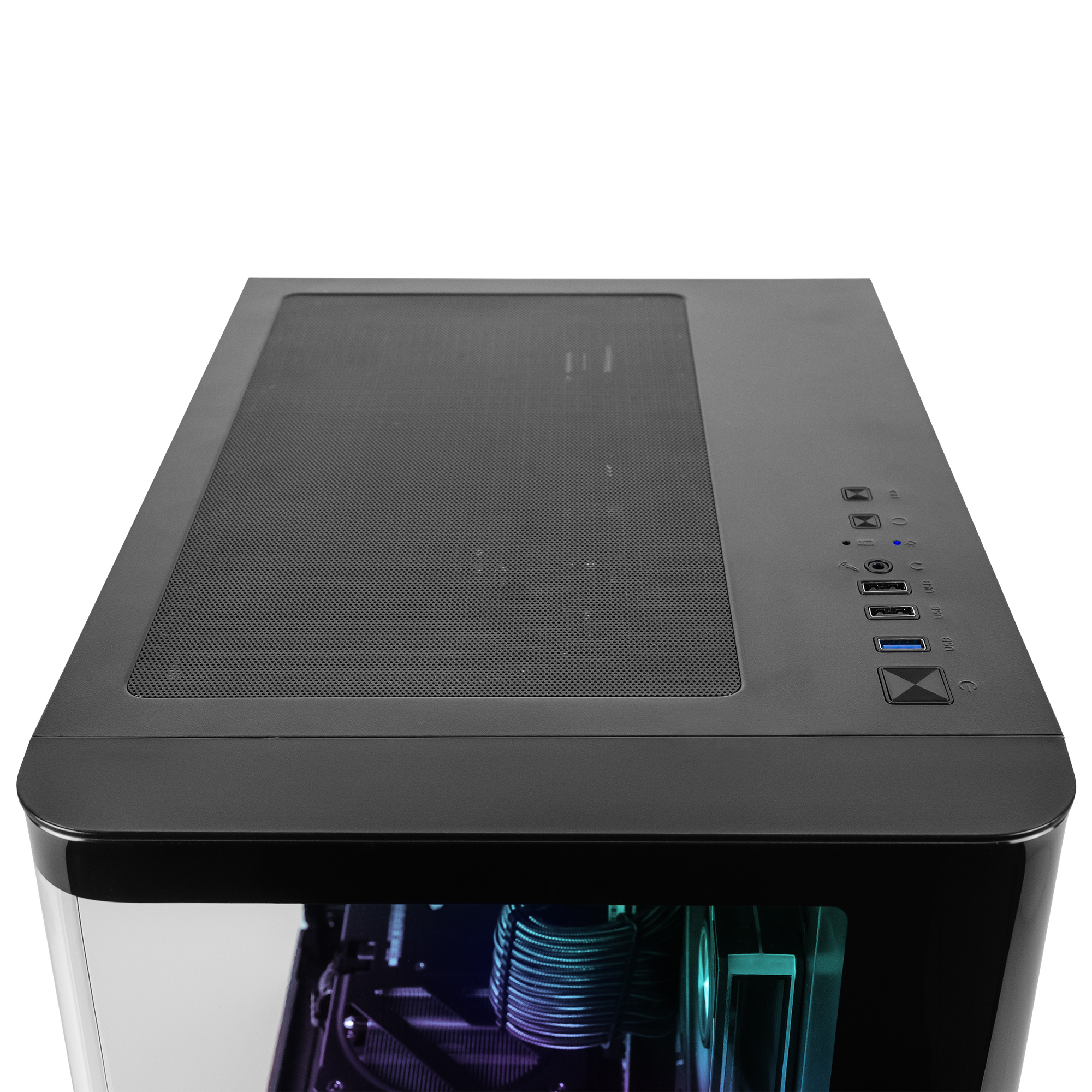 Schwarzes PC-Gehäuse mit Lüftungsgitter oben und Anschlüssen.
