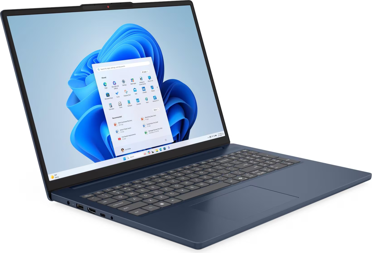 Ekranında Windows 11 başlangıç menüsü açık, lacivert bir dizüstü bilgisayar.