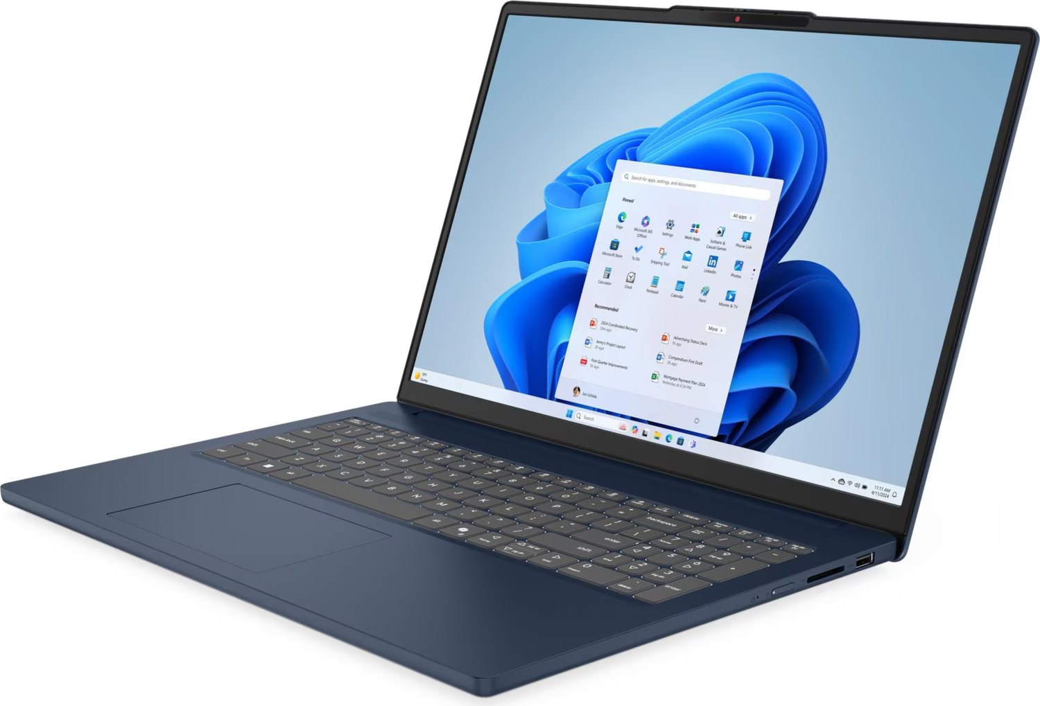 Windows 11 başlat menüsü açık, koyu mavi bir dizüstü bilgisayar.