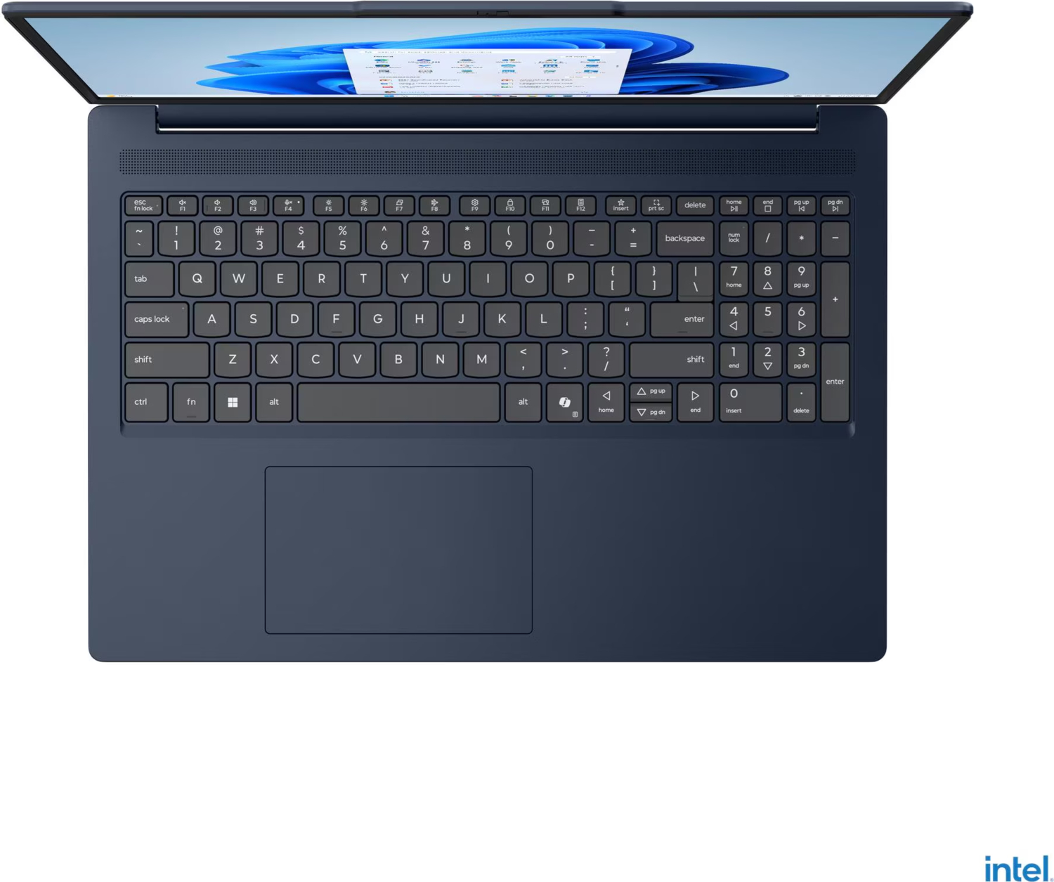 Aydınlatmalı klavyeli ve Intel logosu bulunan açık lacivert dizüstü bilgisayar.