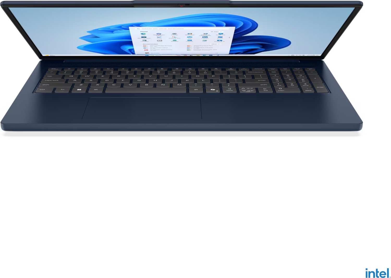 Ekranında Windows 11 gösteren açık, lacivert bir dizüstü bilgisayar.