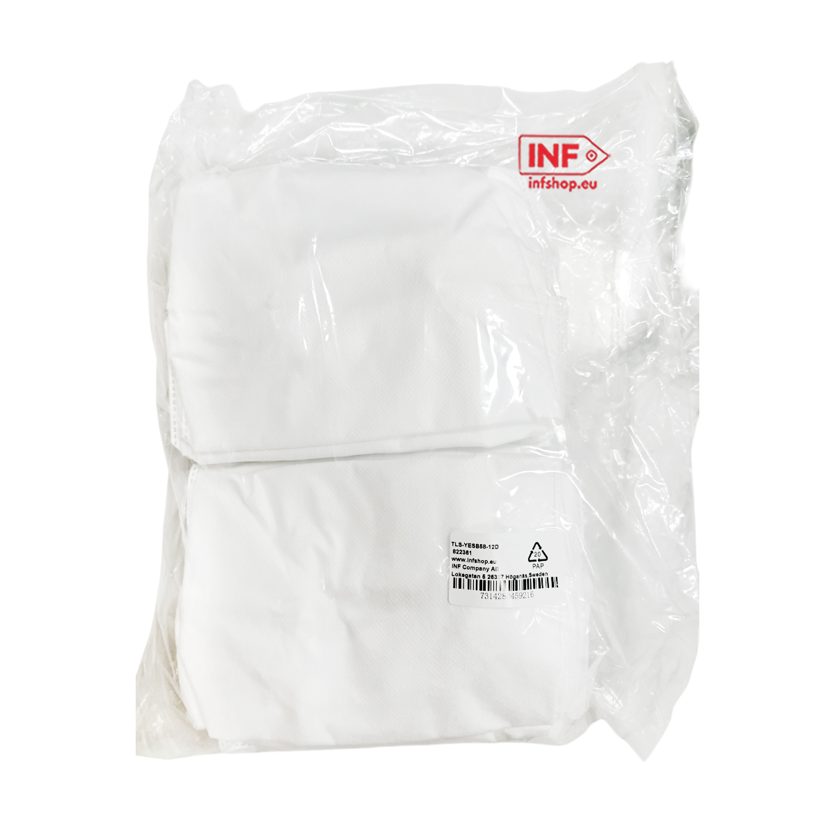 Twee witte stoffen doeken in een doorzichtige plastic zak, met logo en website bovenaan.