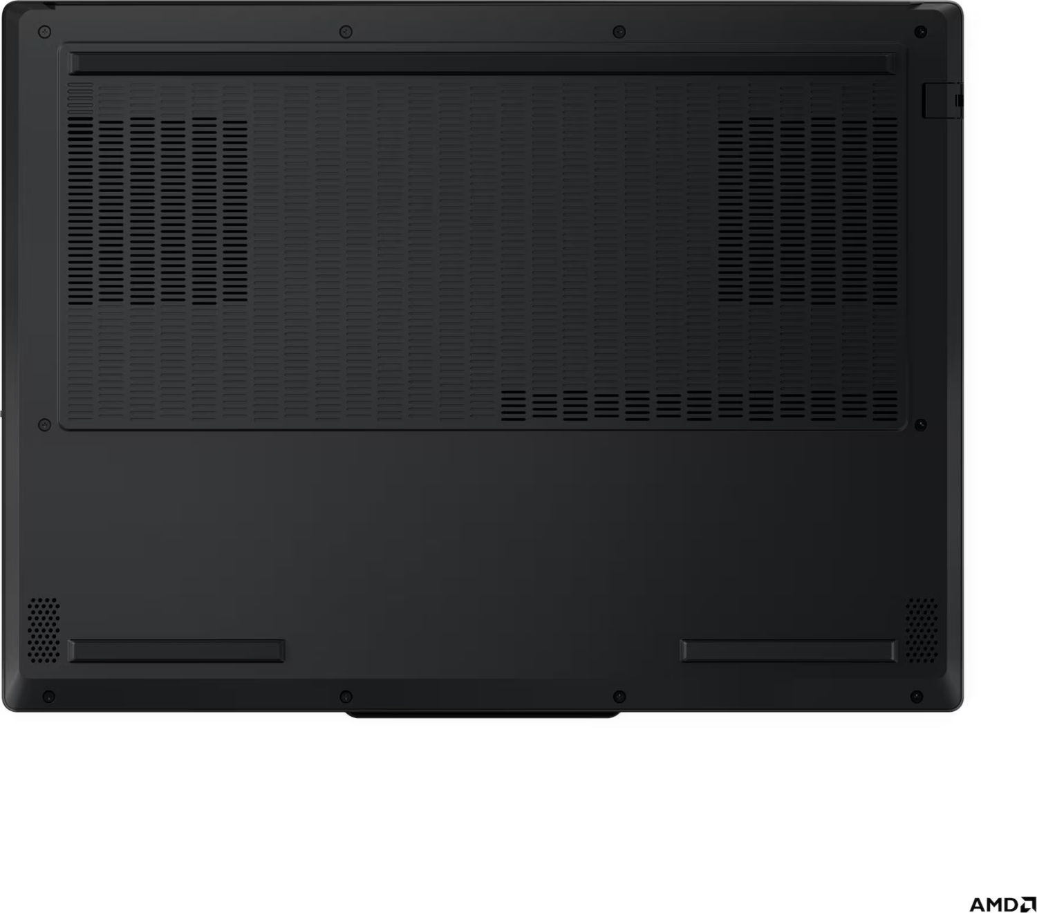 Havalandırma delikleri ve AMD logosu bulunan siyah dizüstü bilgisayarın altı.
