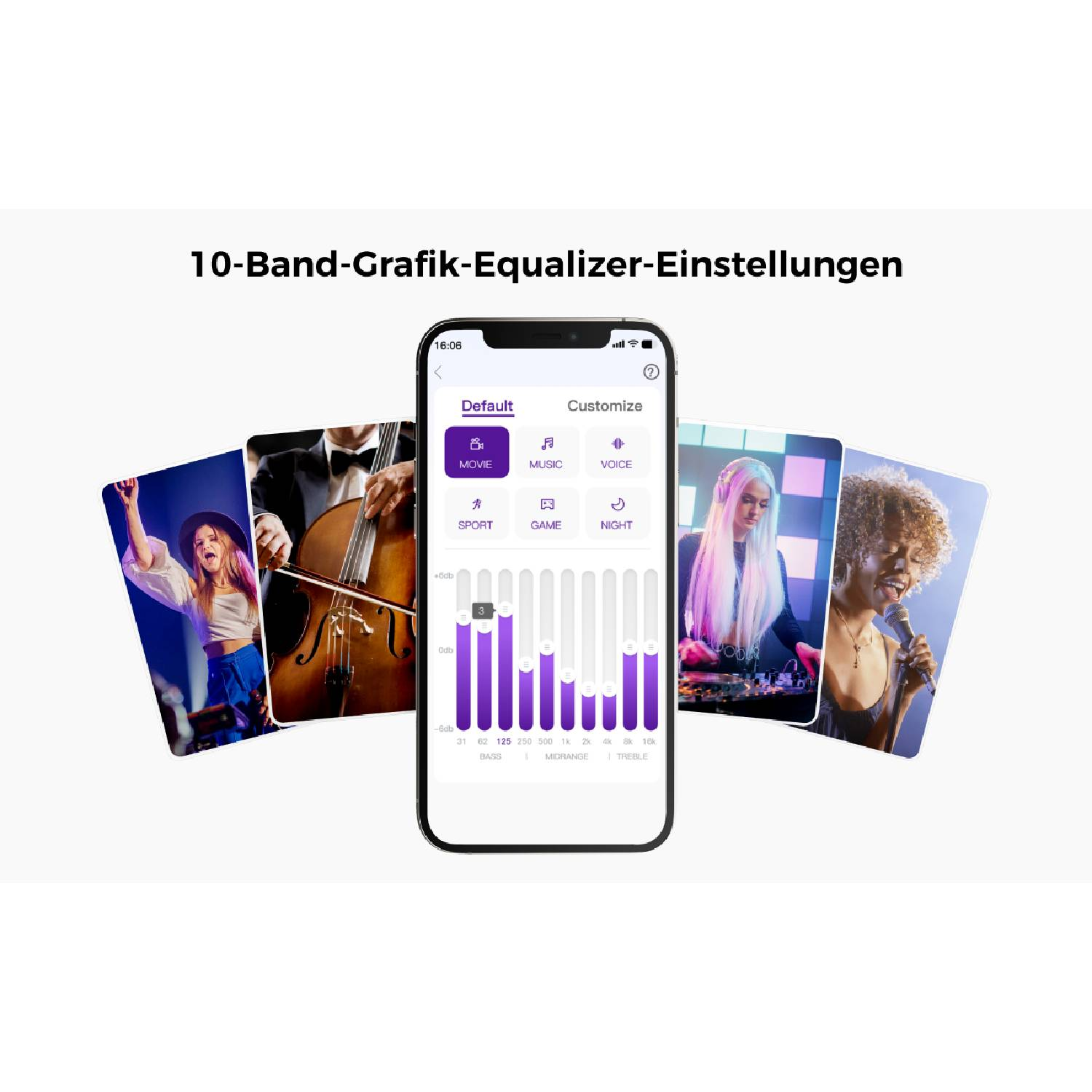 Écran de smartphone affichant les réglages de l'égaliseur avec musiciens et DJ.