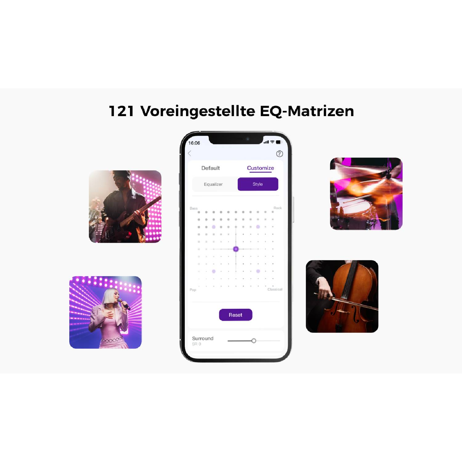 Un smartphone affiche des réglages d'égaliseur, avec des images de musiciens à proximité.