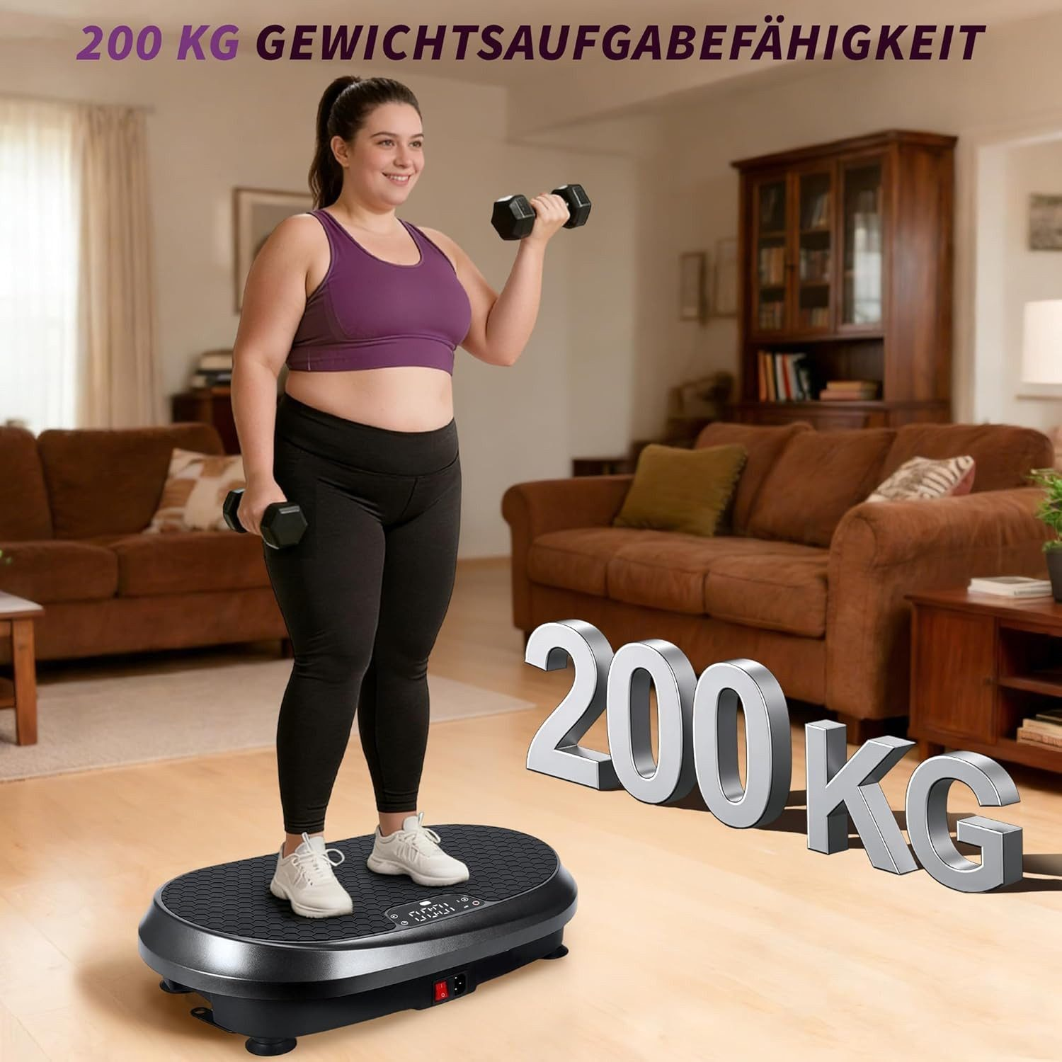 Donna si allena con manubri su pedana vibrante, capacità 200 kg.