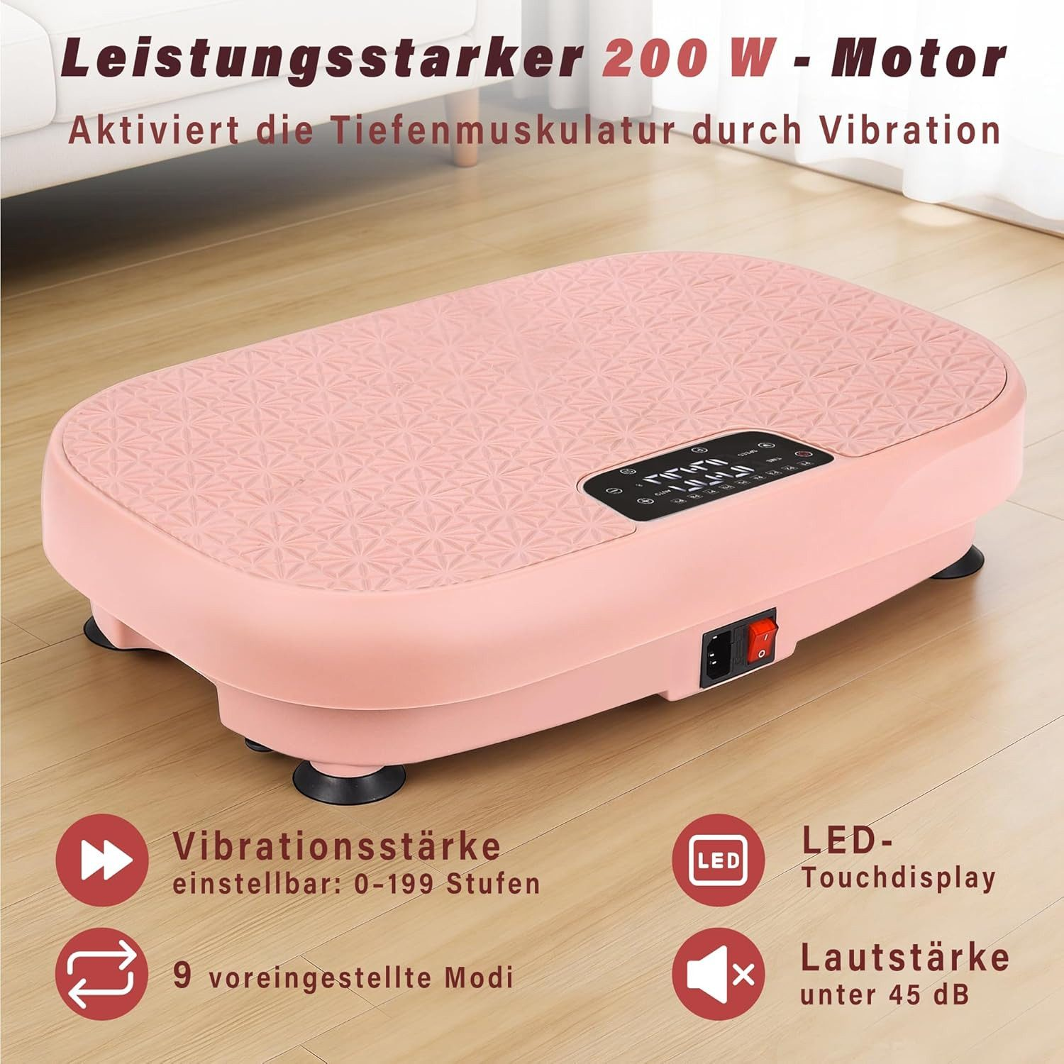 Uno stepper vibrante rosa per allenamento con display LED e controlli.