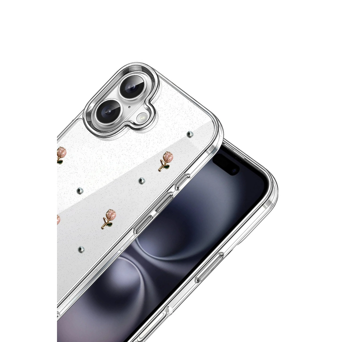 Gül ve sim tasarımlı şeffaf telefon kılıfı.