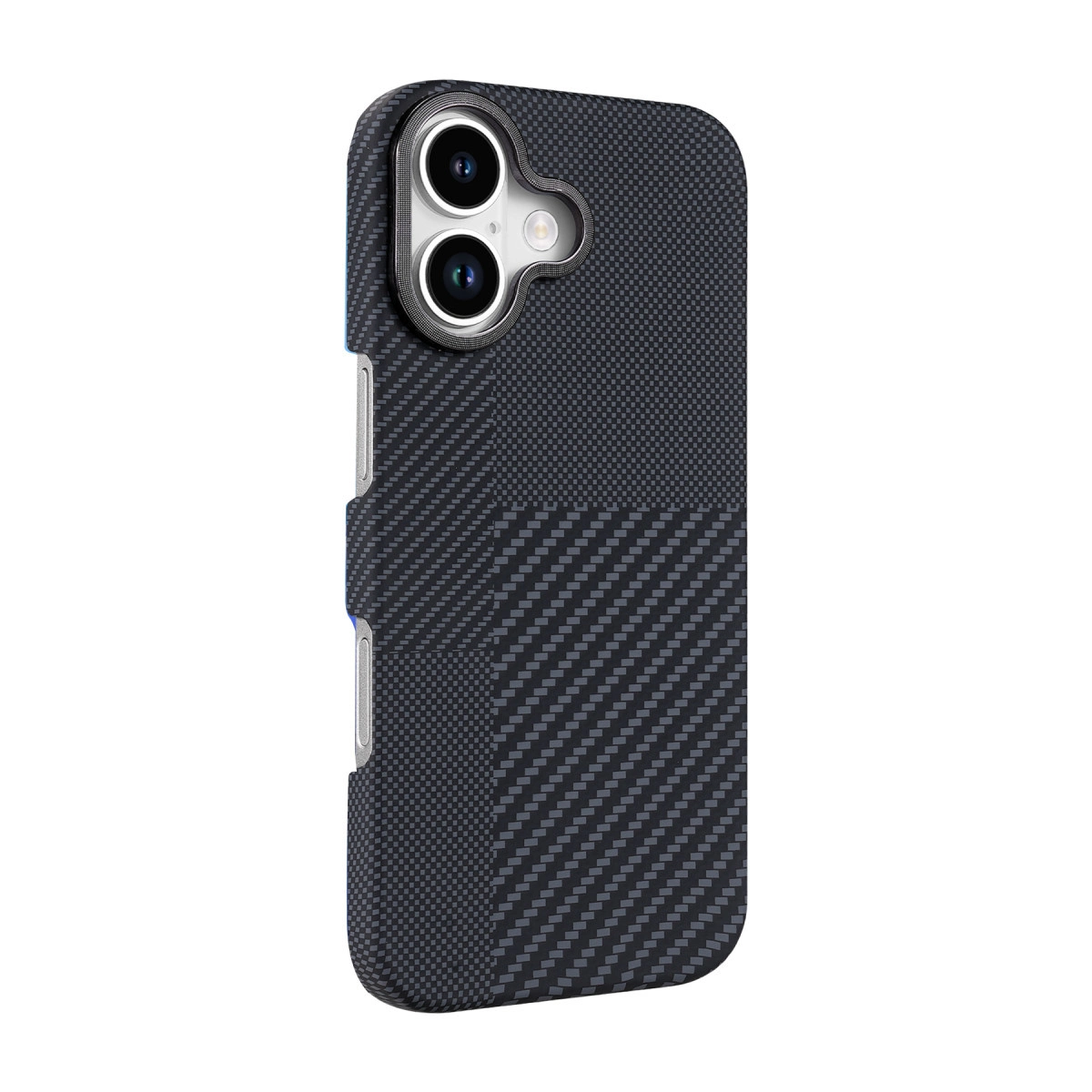 Karbon fiber desenli ve kamera modüllü koyu gri telefon kılıfı.