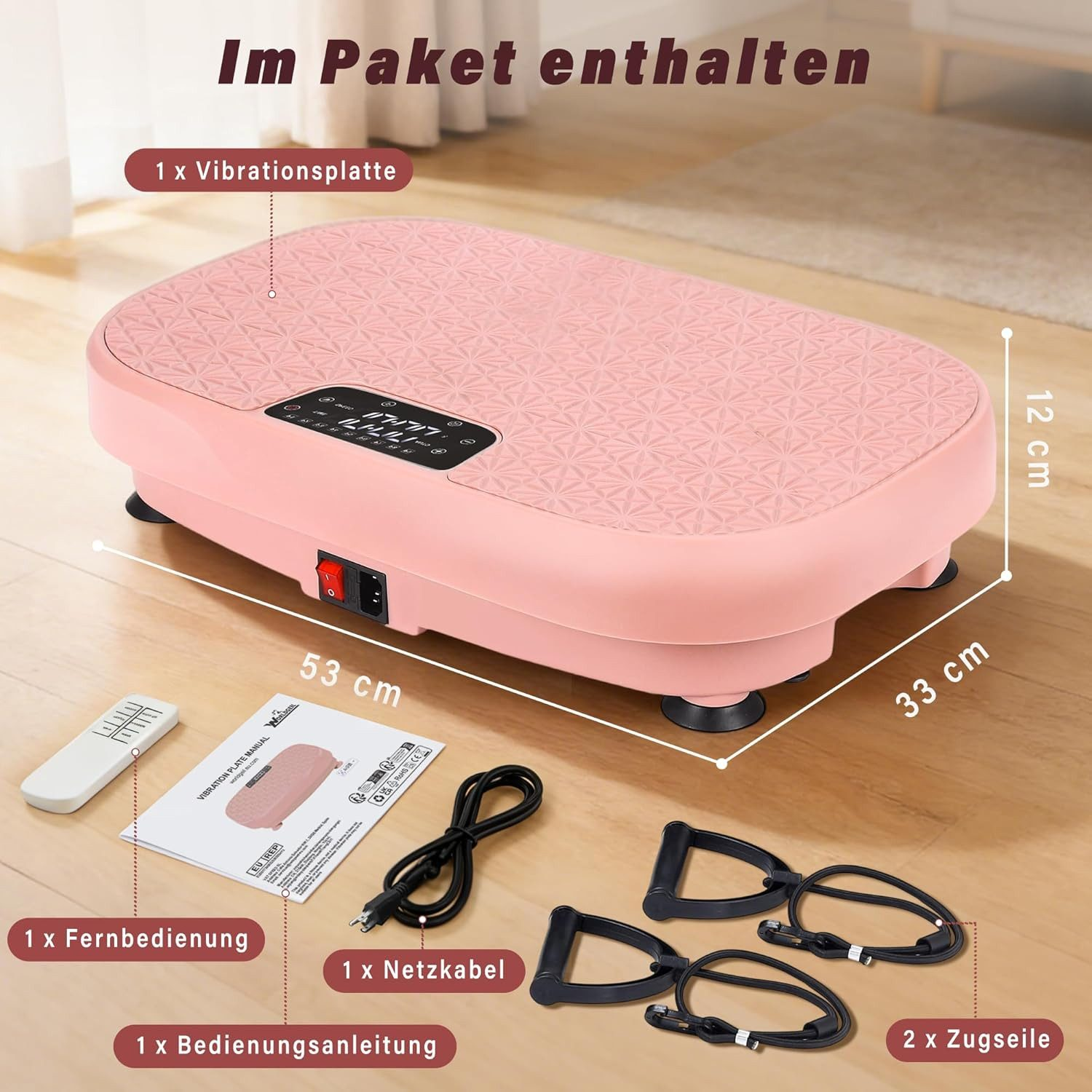 Piattaforma vibrante rosa con telecomando, cavo, manuale e bande.