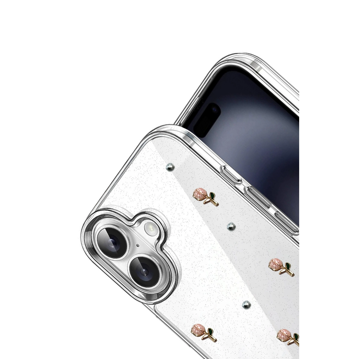Simli, gül süslemeli, şeffaf telefon kılıfı ve kamera kesimi.