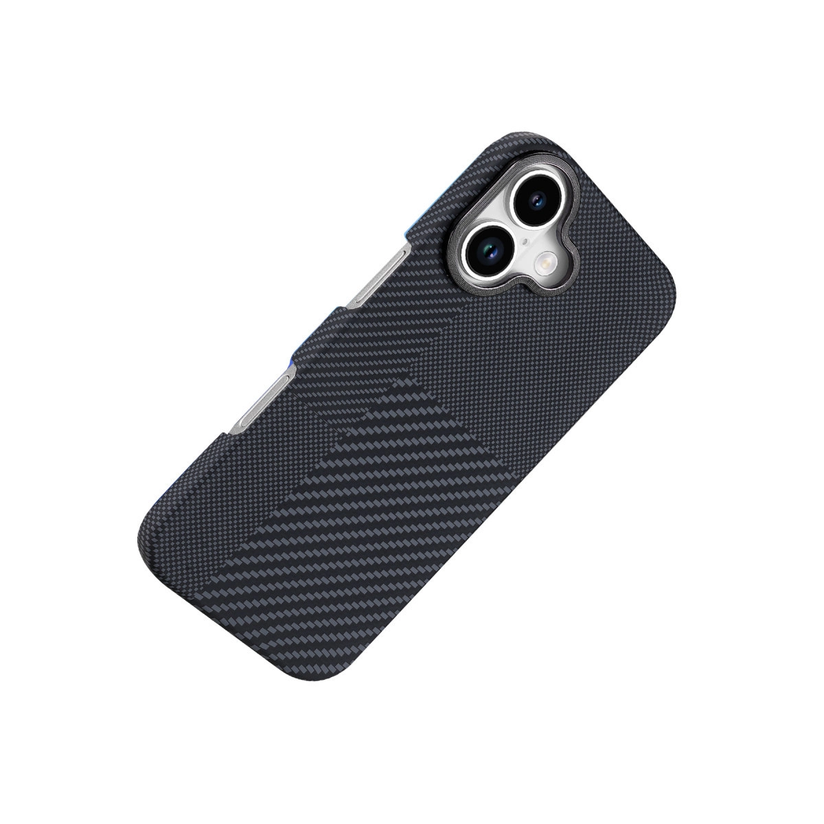Karbon fiber desenli, koyu gri telefon kılıfı ve kamera kesiği.