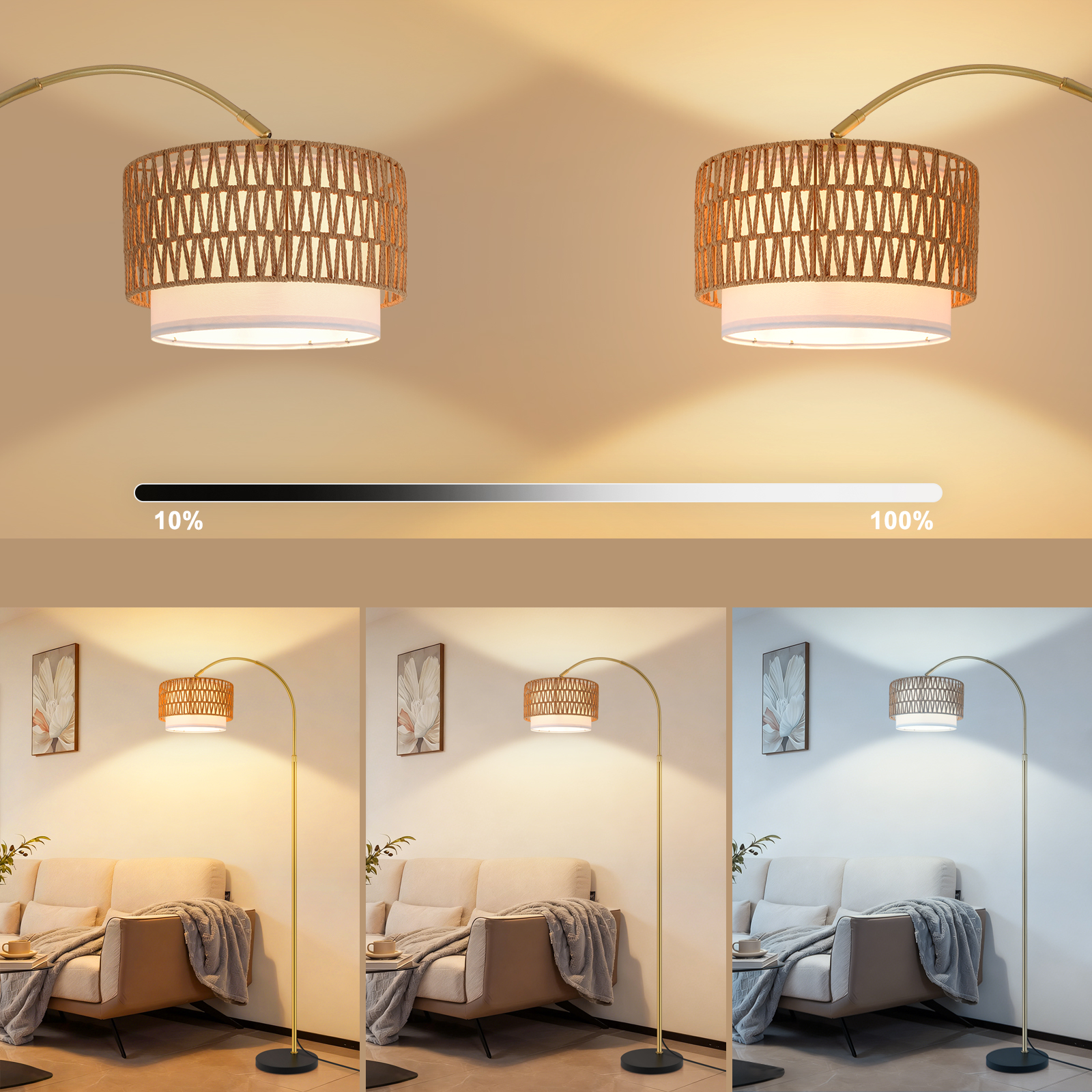 Lampada ad arco con paralume in rattan che mostra diversi livelli di luminosità.