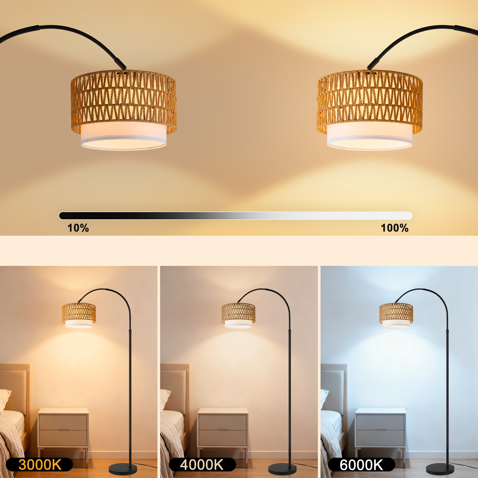 Lampada ad arco con paralume intrecciato mostrata in diversi colori e luminosità.
