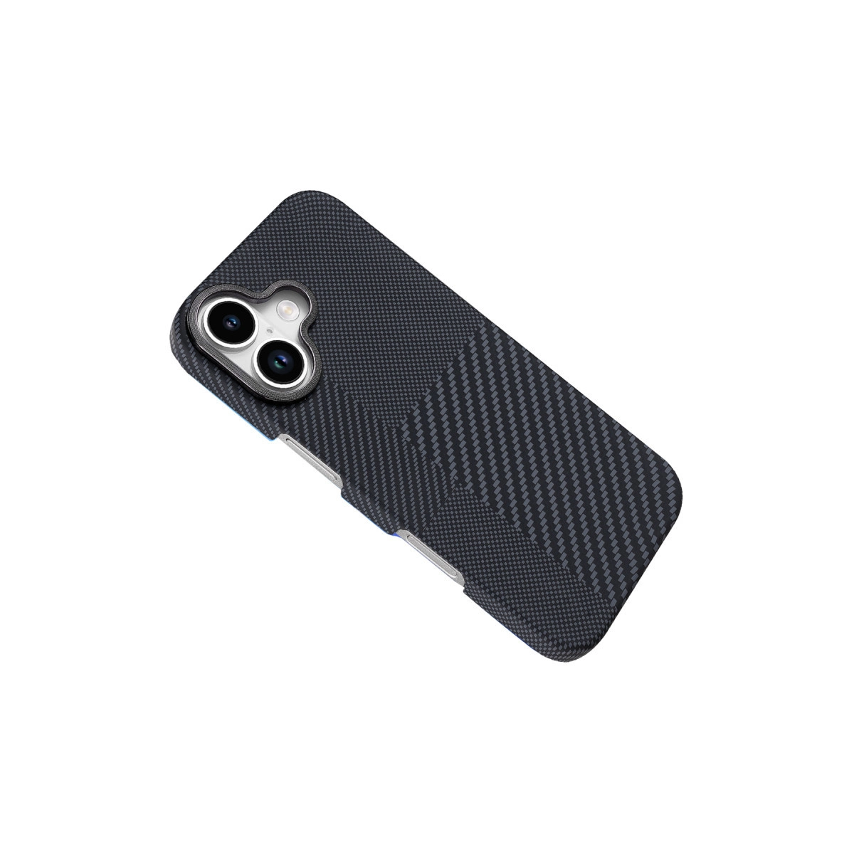 Karbon fiber desenli, koyu gri telefon kılıfı ve kamera açıklığı.