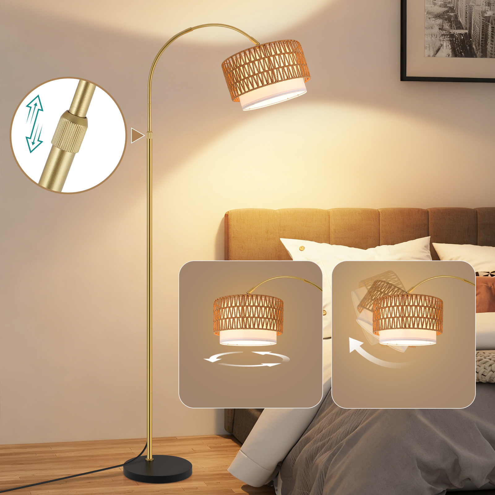Lampada ad arco dorata con paralume intrecciato sopra un letto. Altezza regolabile.