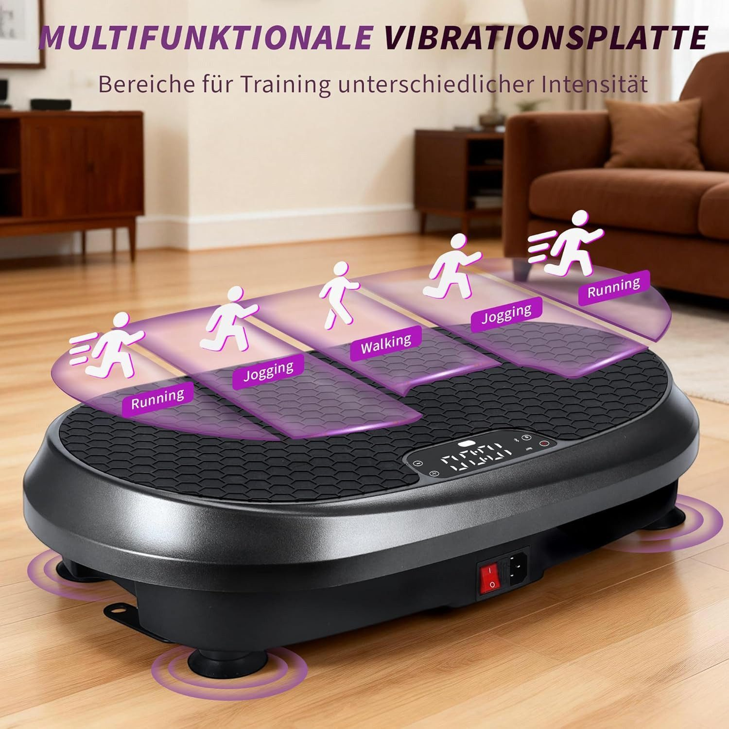 Piattaforma vibrante con zone per camminare, fare jogging e correre. Attrezzo fitness.