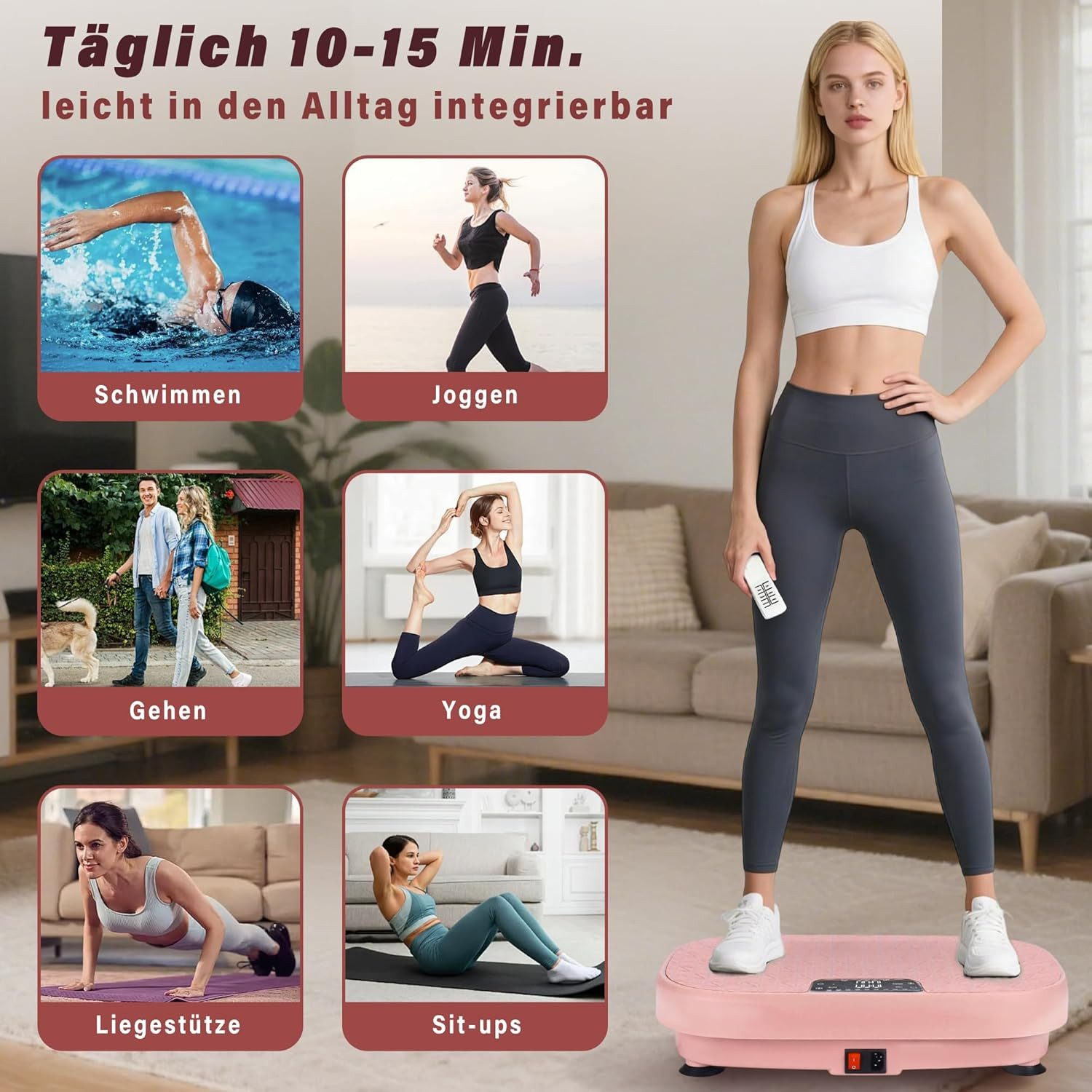 Donna su pedana vibrante. Immagini: nuoto, corsa, camminata, yoga, flessioni, addominali.