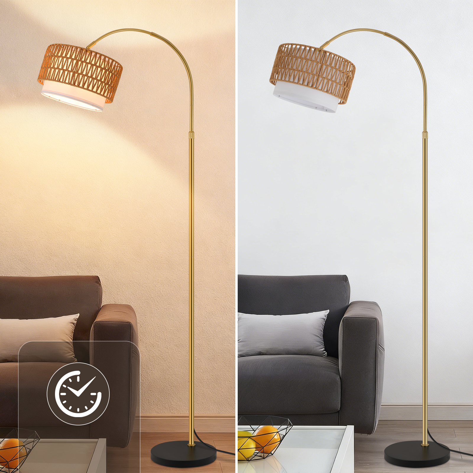 Lampada da terra ad arco dorata con paralume intrecciato vicino a un divano.