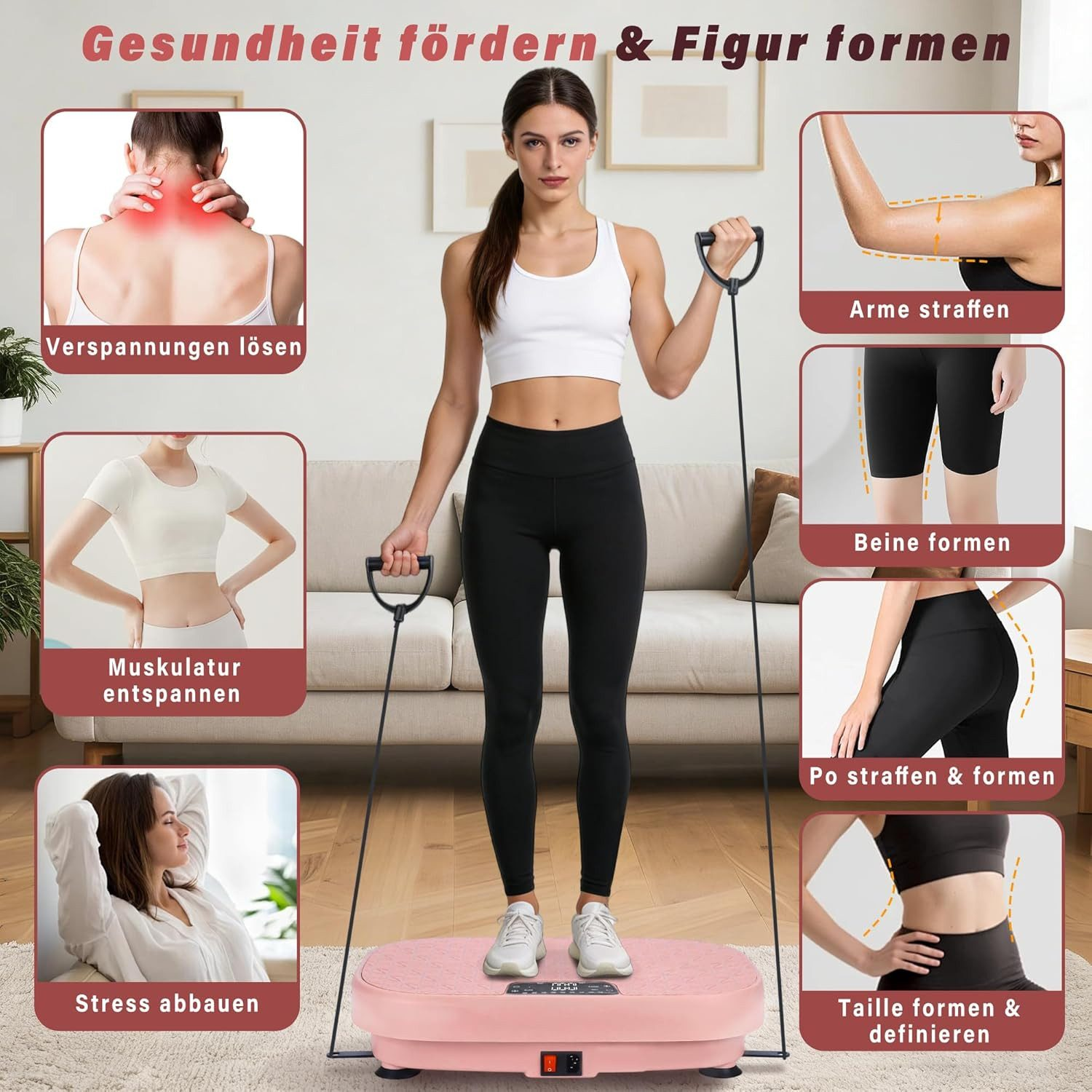 Donna su pedana vibrante con elastici. Grafiche mostrano collo, braccia, gambe, glutei, vita.