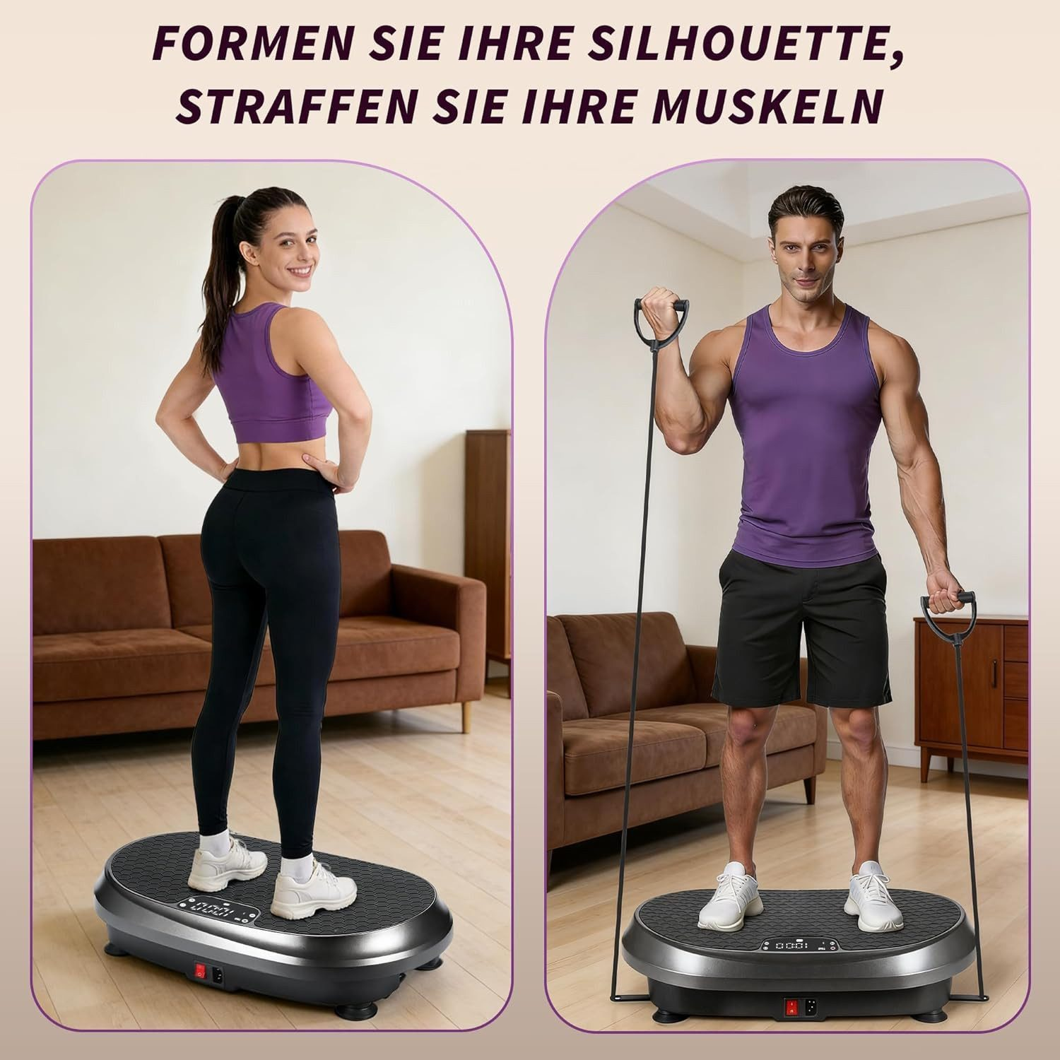 Donna e uomo su piattaforme vibranti, si allenano con elastici.