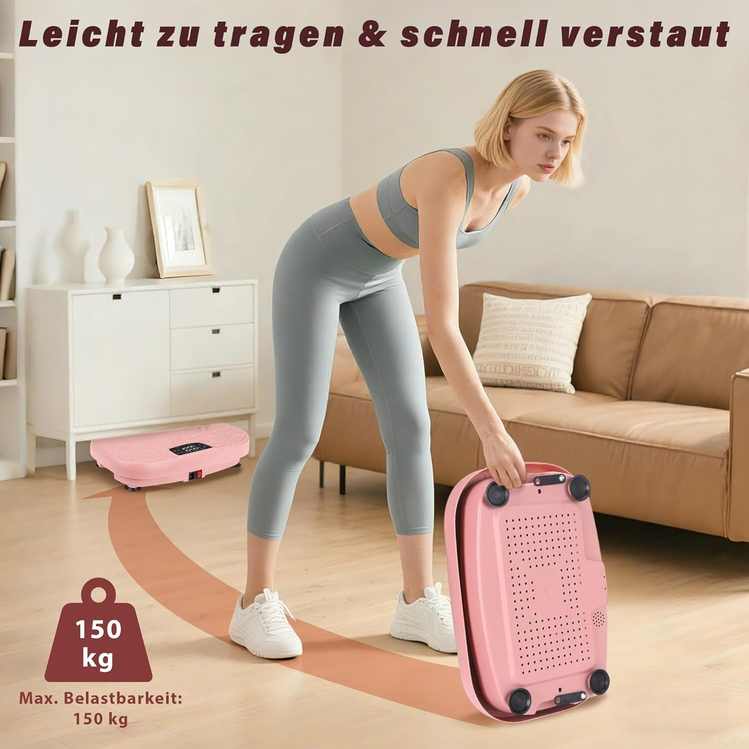Una donna in abbigliamento sportivo solleva una pedana vibrante rosa. Carico max 150 kg.