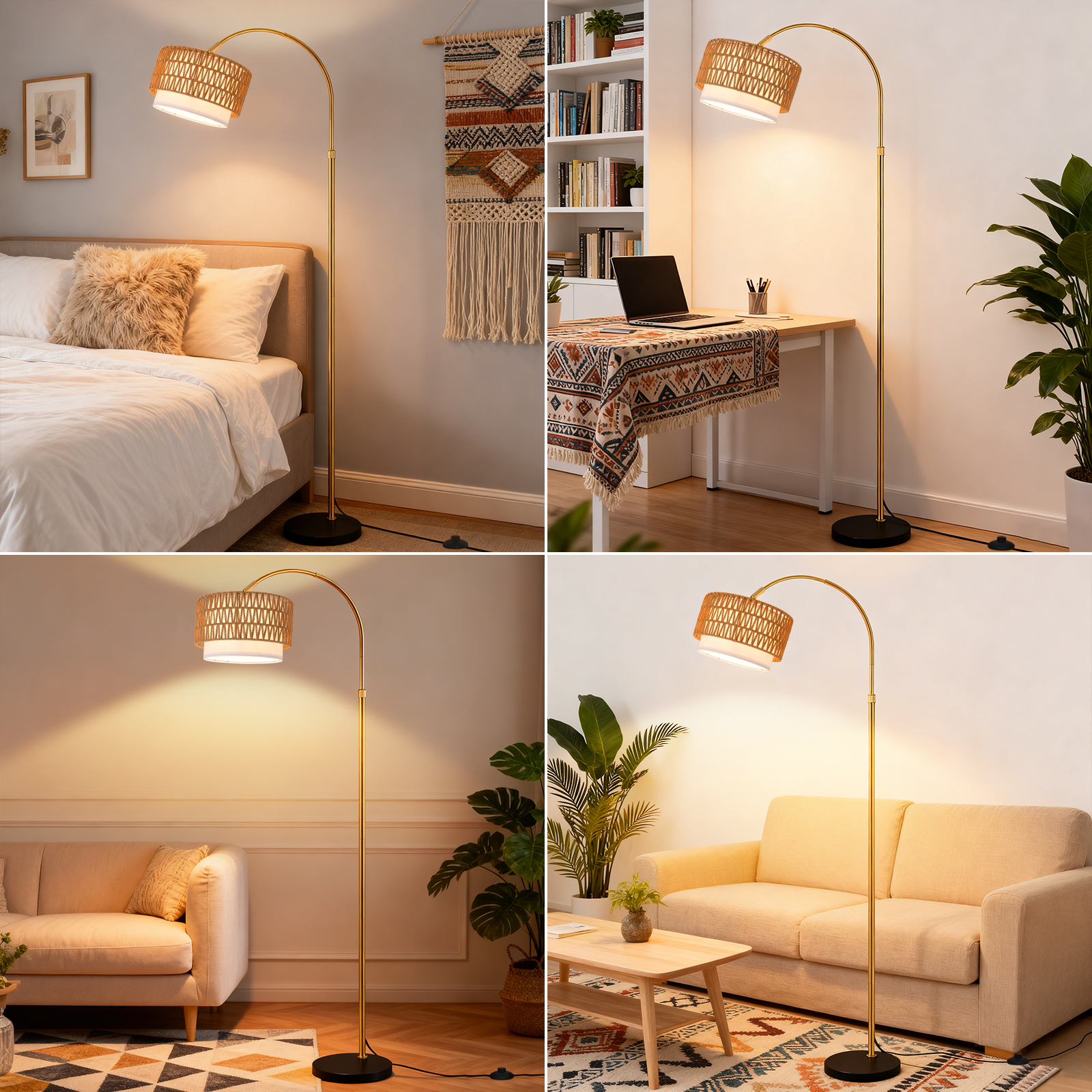 Una lampada da terra con paralume in rattan vicino a letto, scrivania e divano.