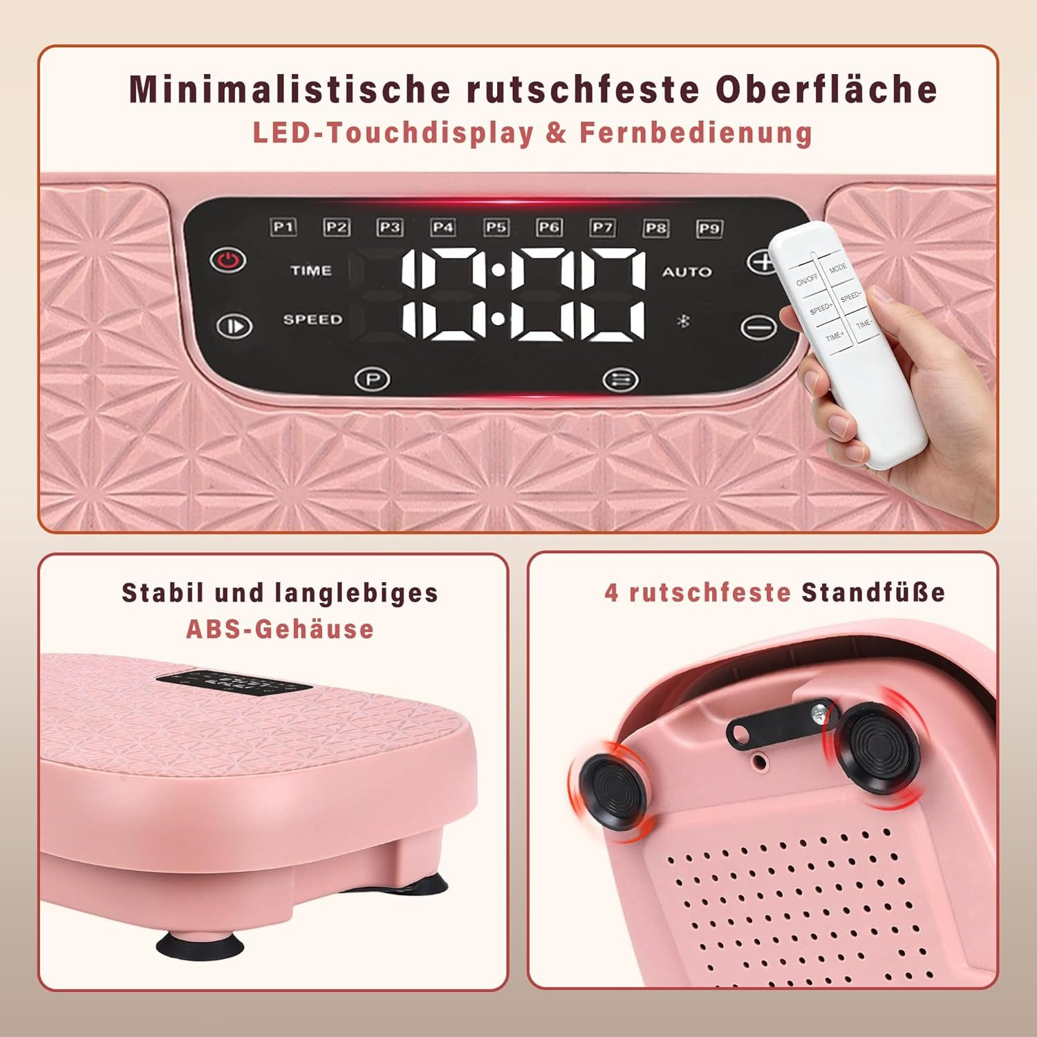 Piattaforma vibrante rosa con display LED, telecomando e scocca in ABS.