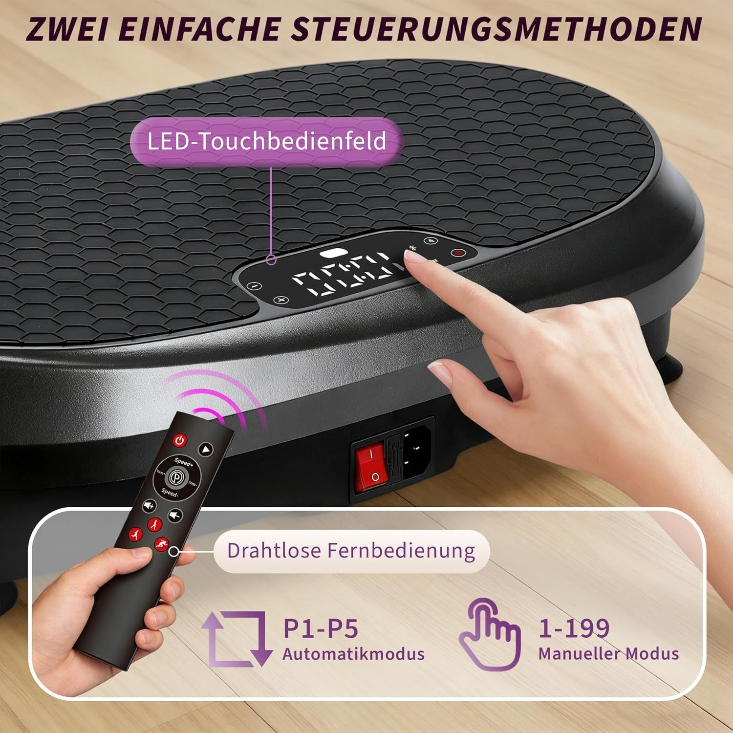 Una macchina vibrante nera con telecomando e touchscreen.