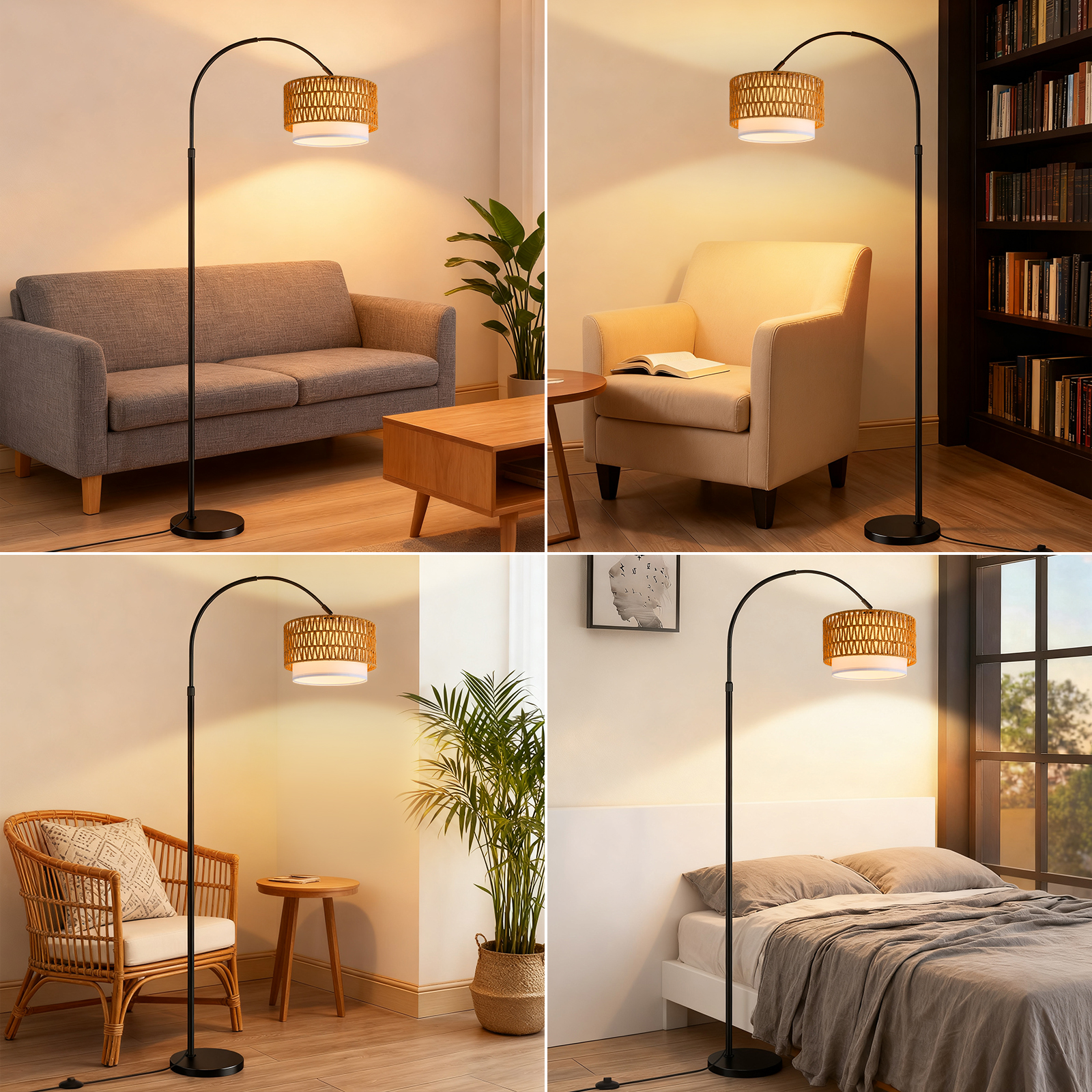 Lampada da terra ad arco con paralume intrecciato su divano, poltrona, sedia in rattan e letto.