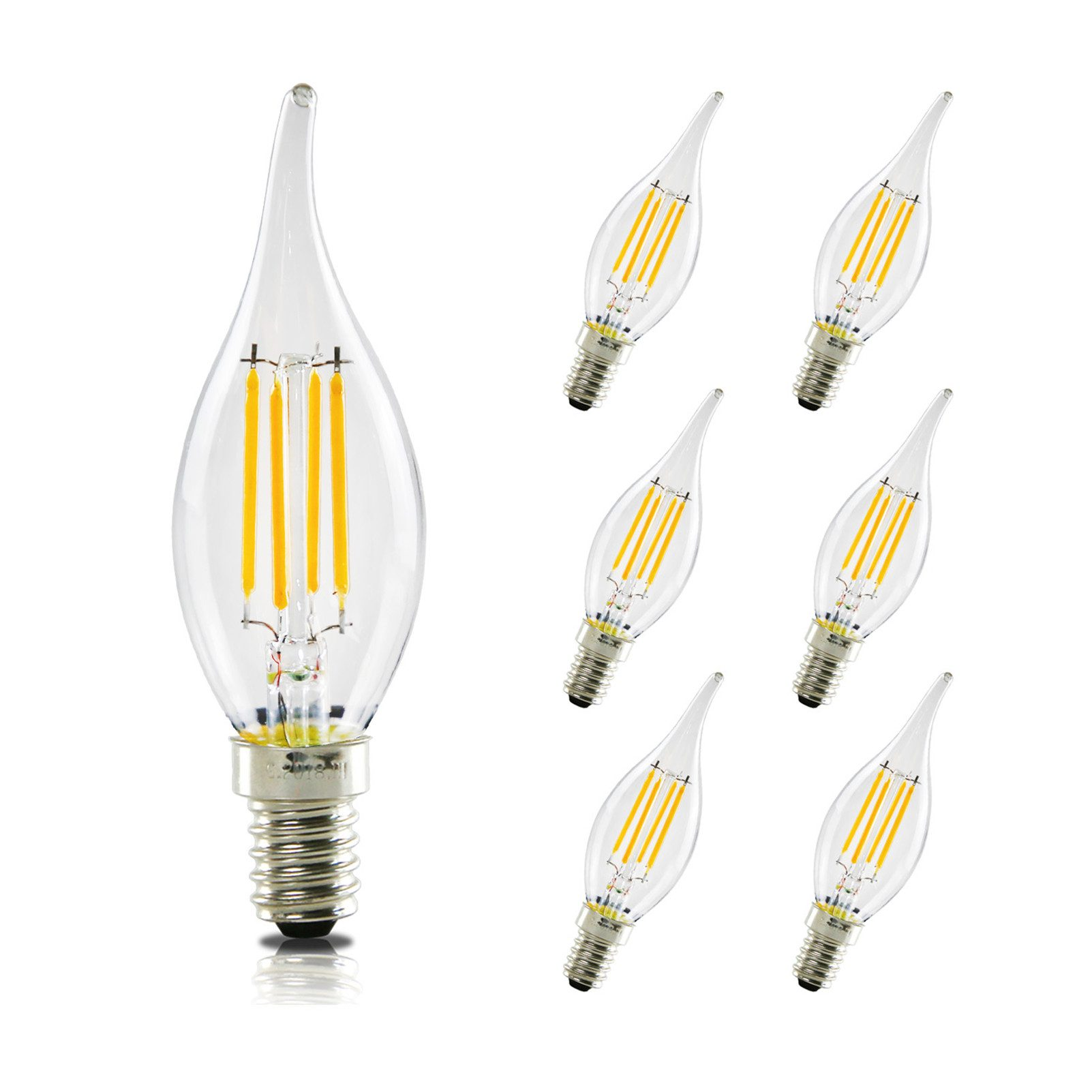 Sei lampadine LED a candela trasparenti con filamenti visibili su sfondo bianco.