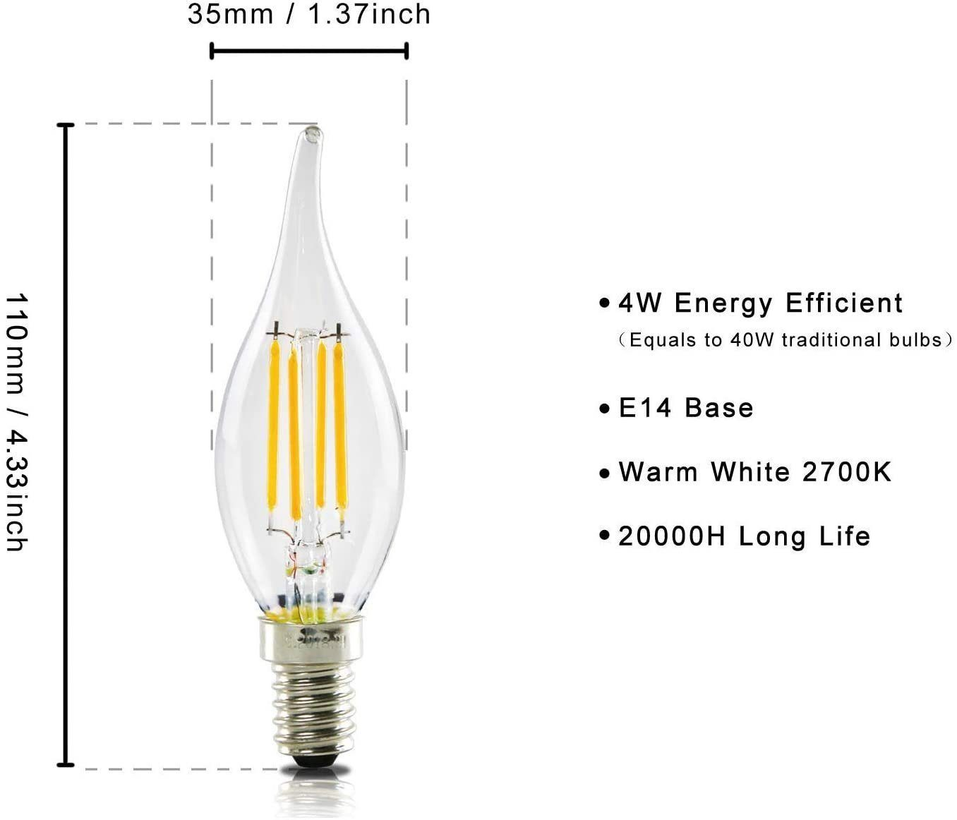 Una lampadina da 4W efficiente con base E14, bianco caldo.
