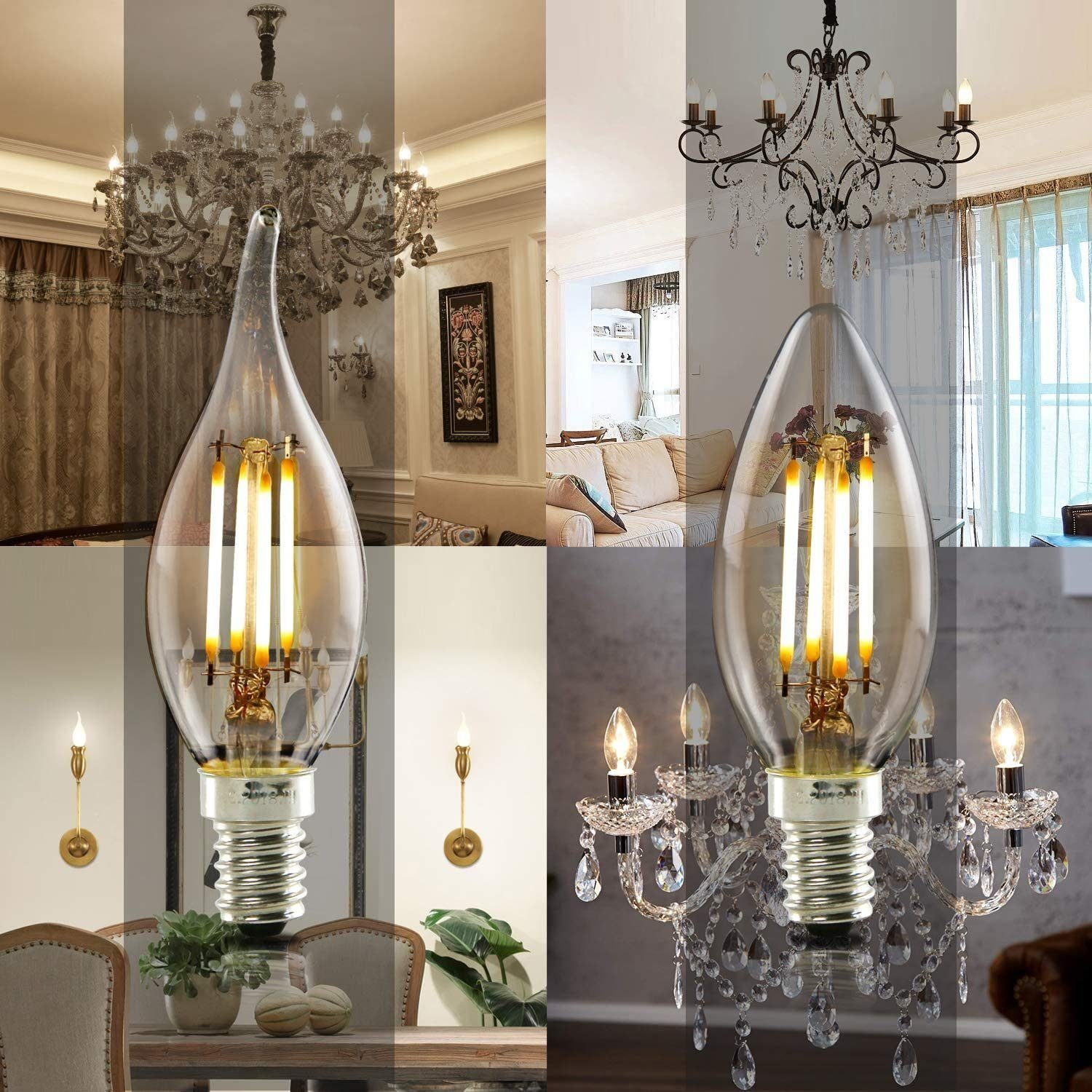 Una lampadina a candela con quattro LED, davanti a un lampadario.