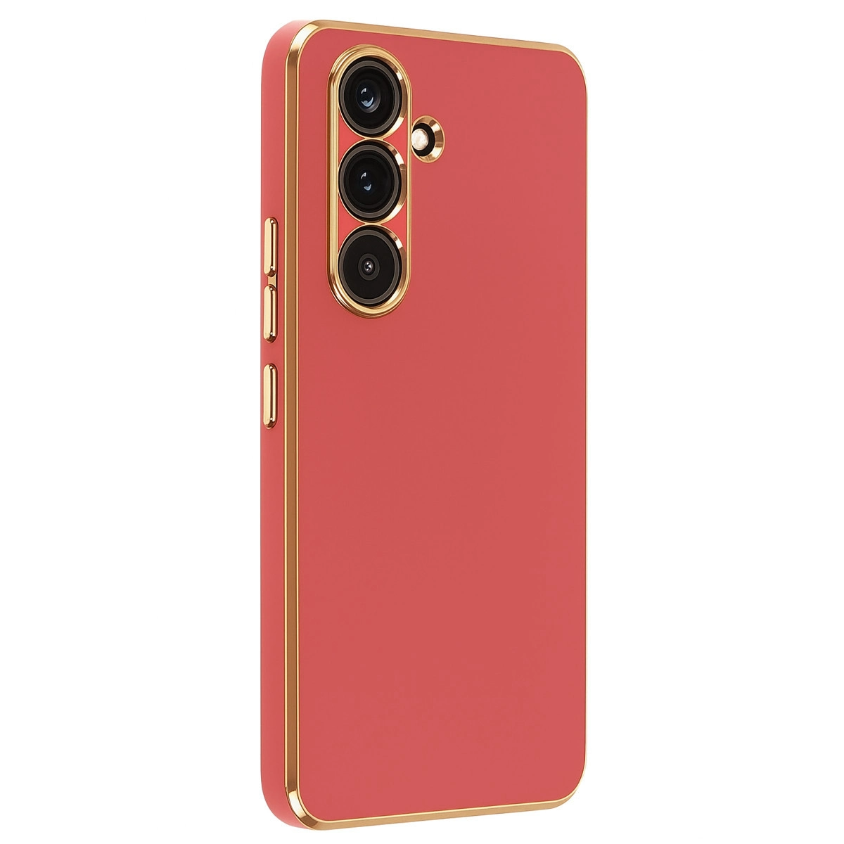 Altın süslemeli, üç kameralı kırmızı telefon kılıfı.