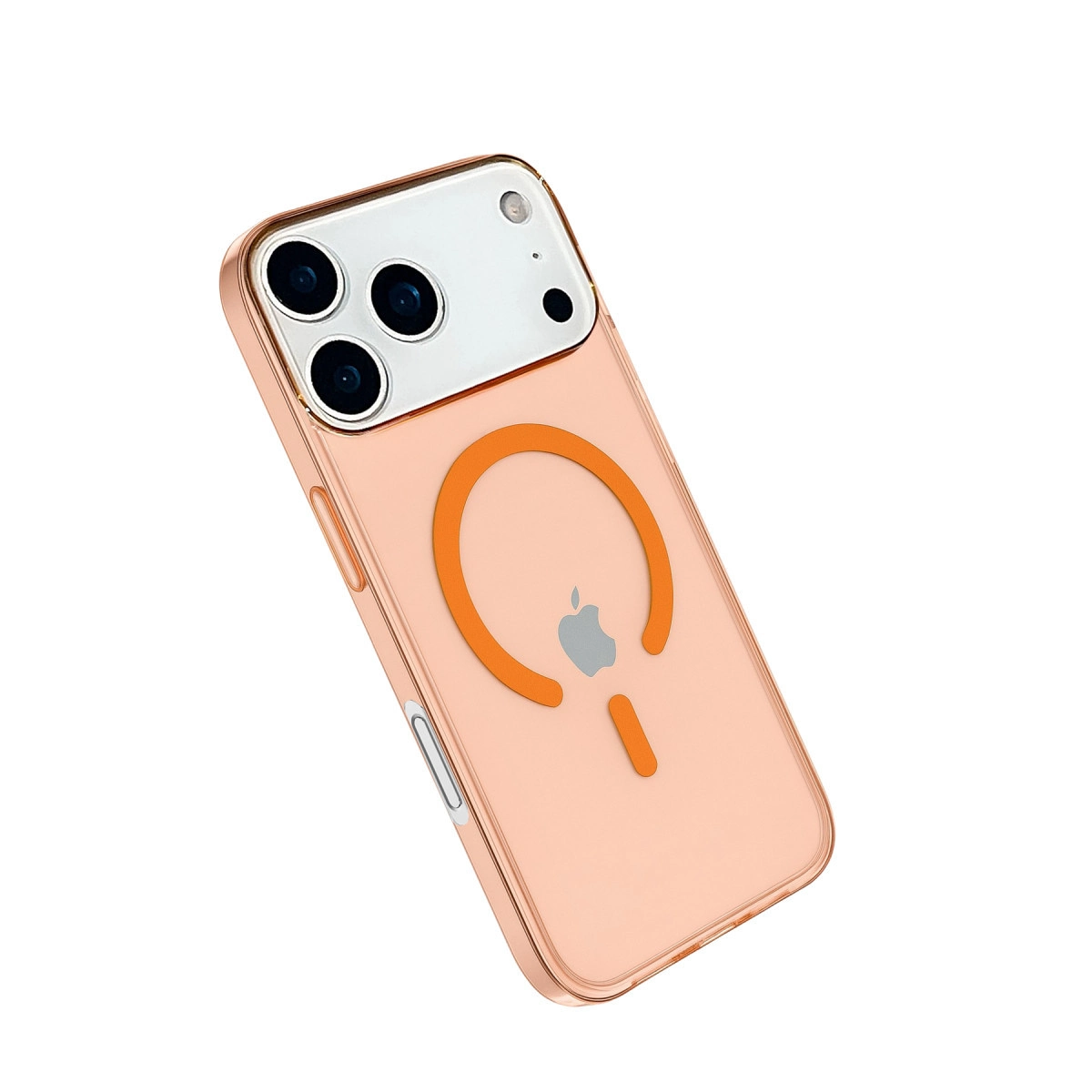 Kameralı ve Apple logolu şeffaf, rose altın rengi telefon kılıfı.