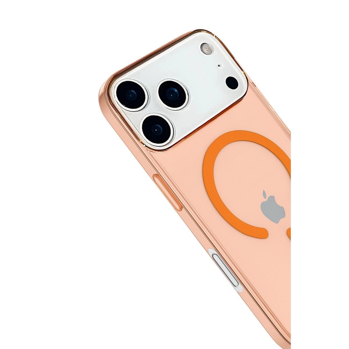 Üç kameralı, turuncu manyetik halkalı, rose altın rengi iPhone.