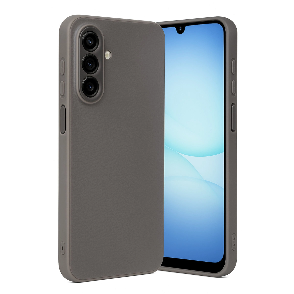 Üç kamera lensli gri telefon kılıfı. Telefon mavi ekran gösteriyor.