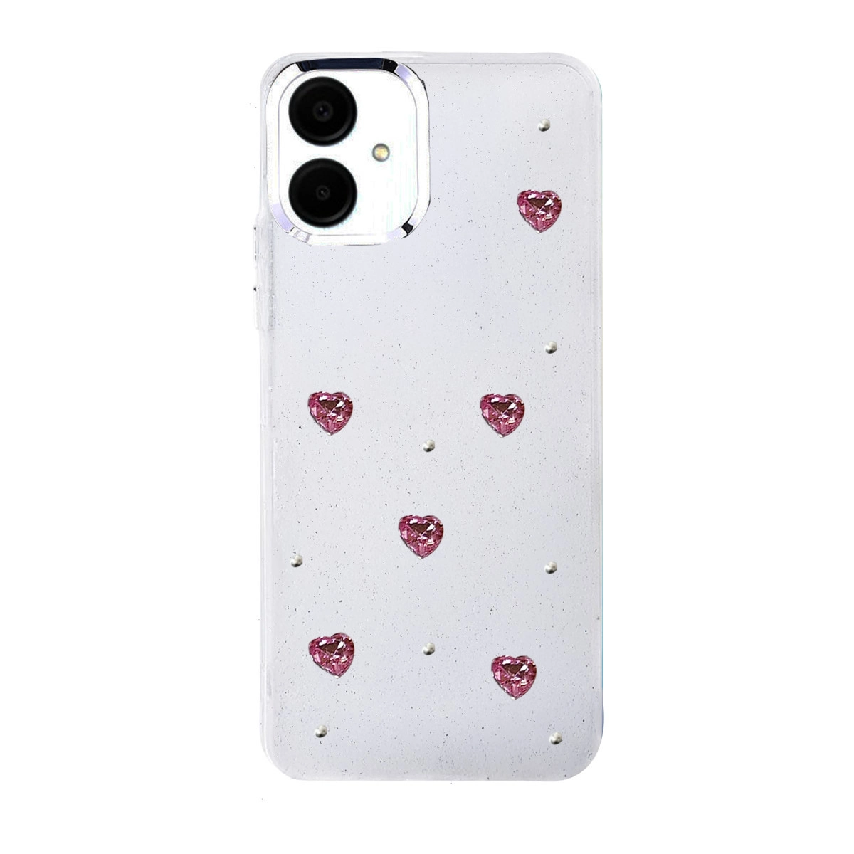 Pembe kalp taşlar ve sim detaylı şeffaf telefon kılıfı.