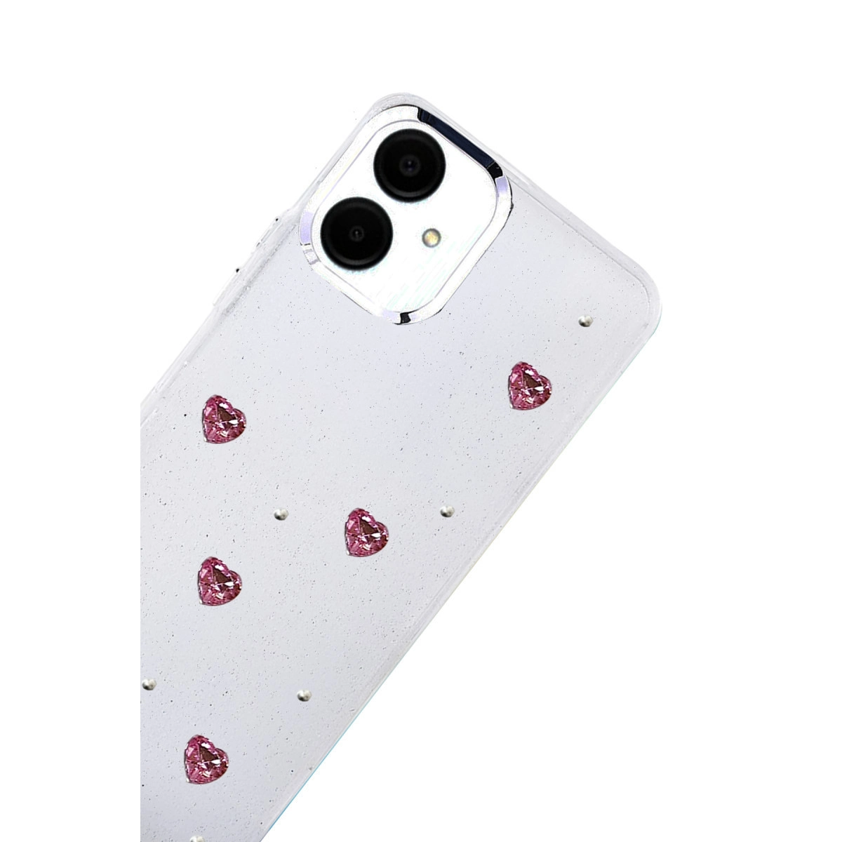 Pembe kalp çıkartmaları ve simlerle süslenmiş şeffaf telefon kılıfı.