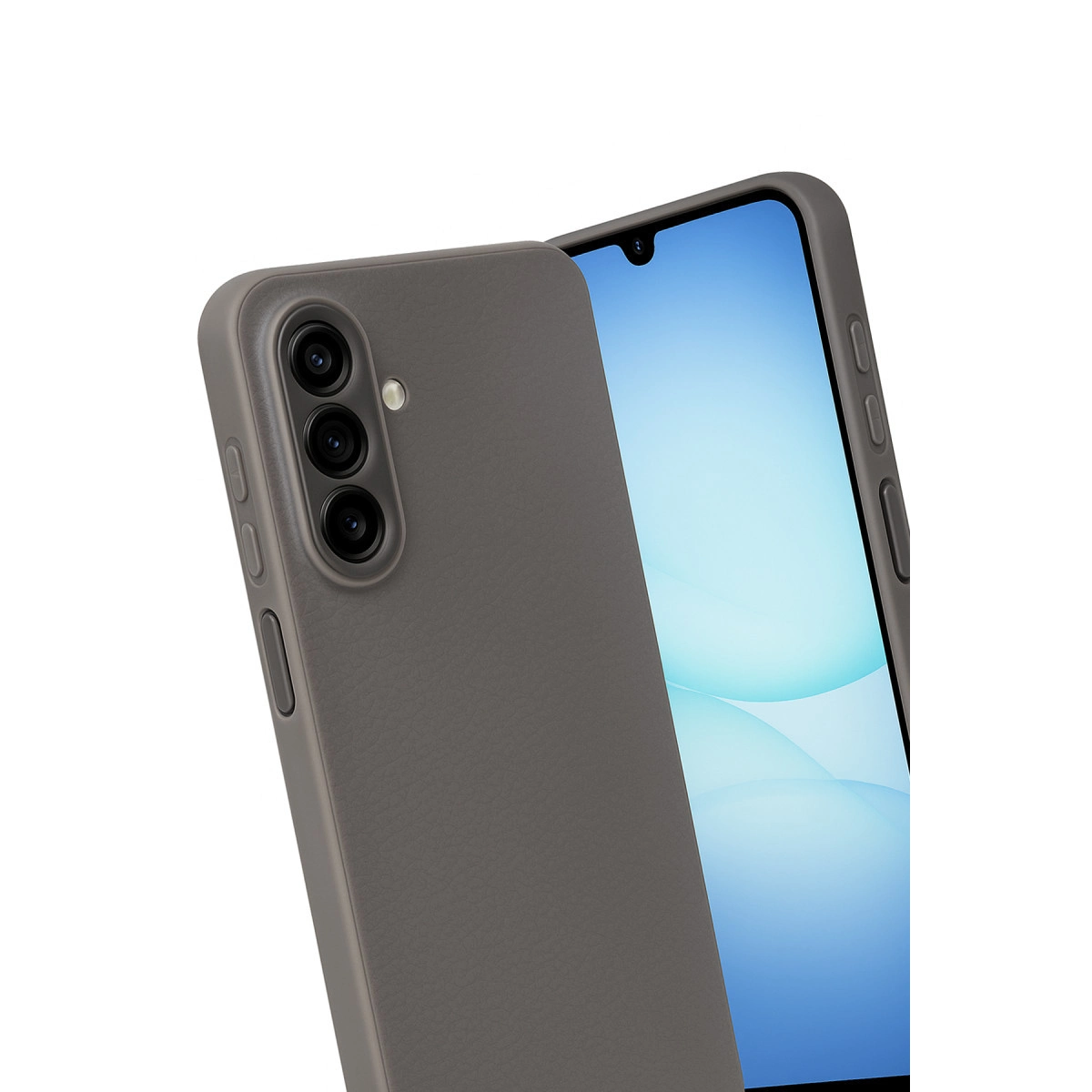 Üç kameralı gri telefon kılıfı, arkadan görünüm.