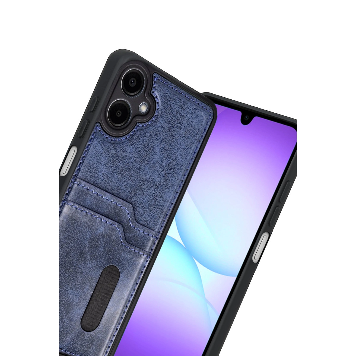Kart yuvalı ve iki kamera lensli mavi telefon kılıfı.
