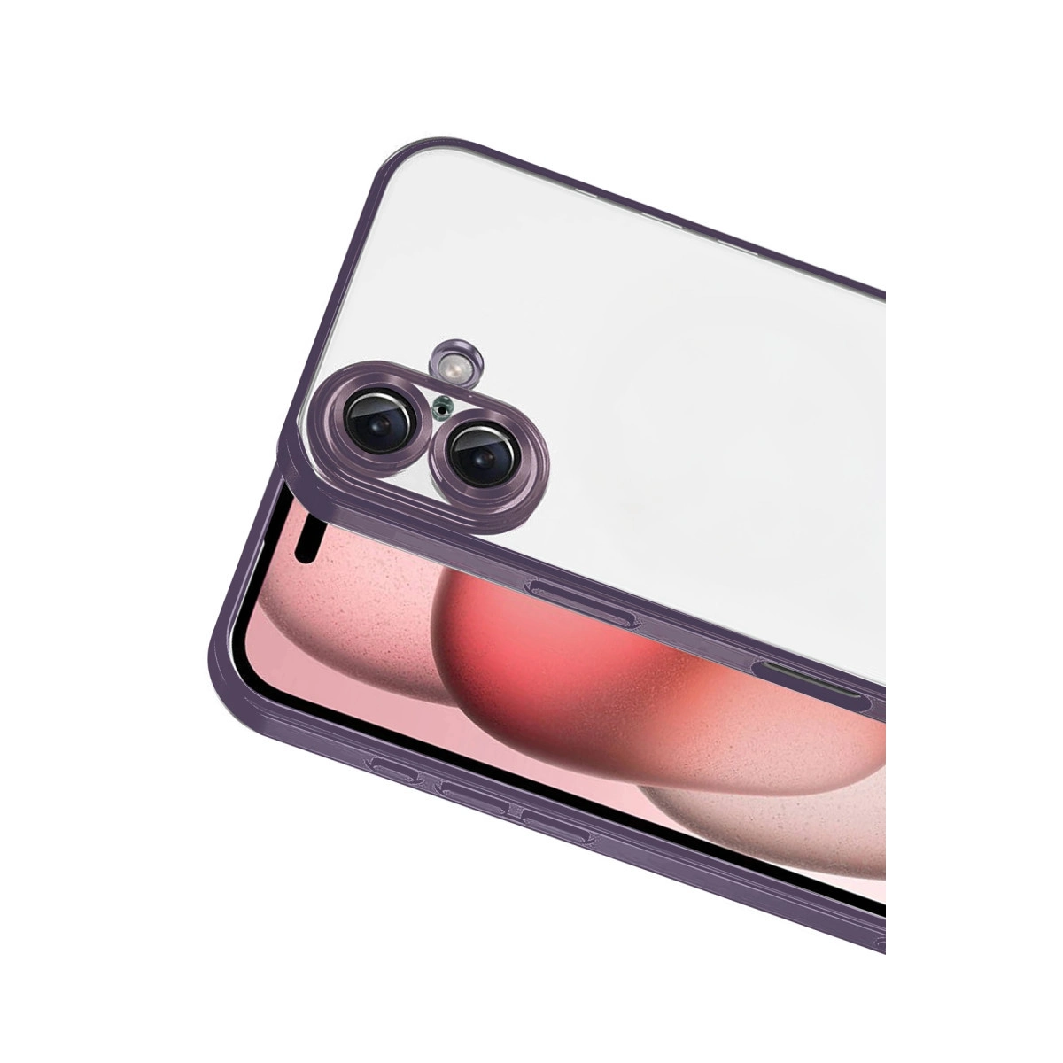 Mor çerçeveli şeffaf telefon kılıfı, iki kamera lensi ve flaş gösteriyor.