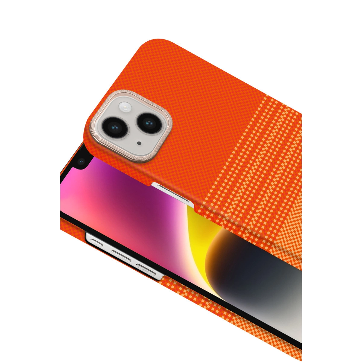 Kare desenli turuncu telefon kılıfı, bir akıllı telefon üzerinde.