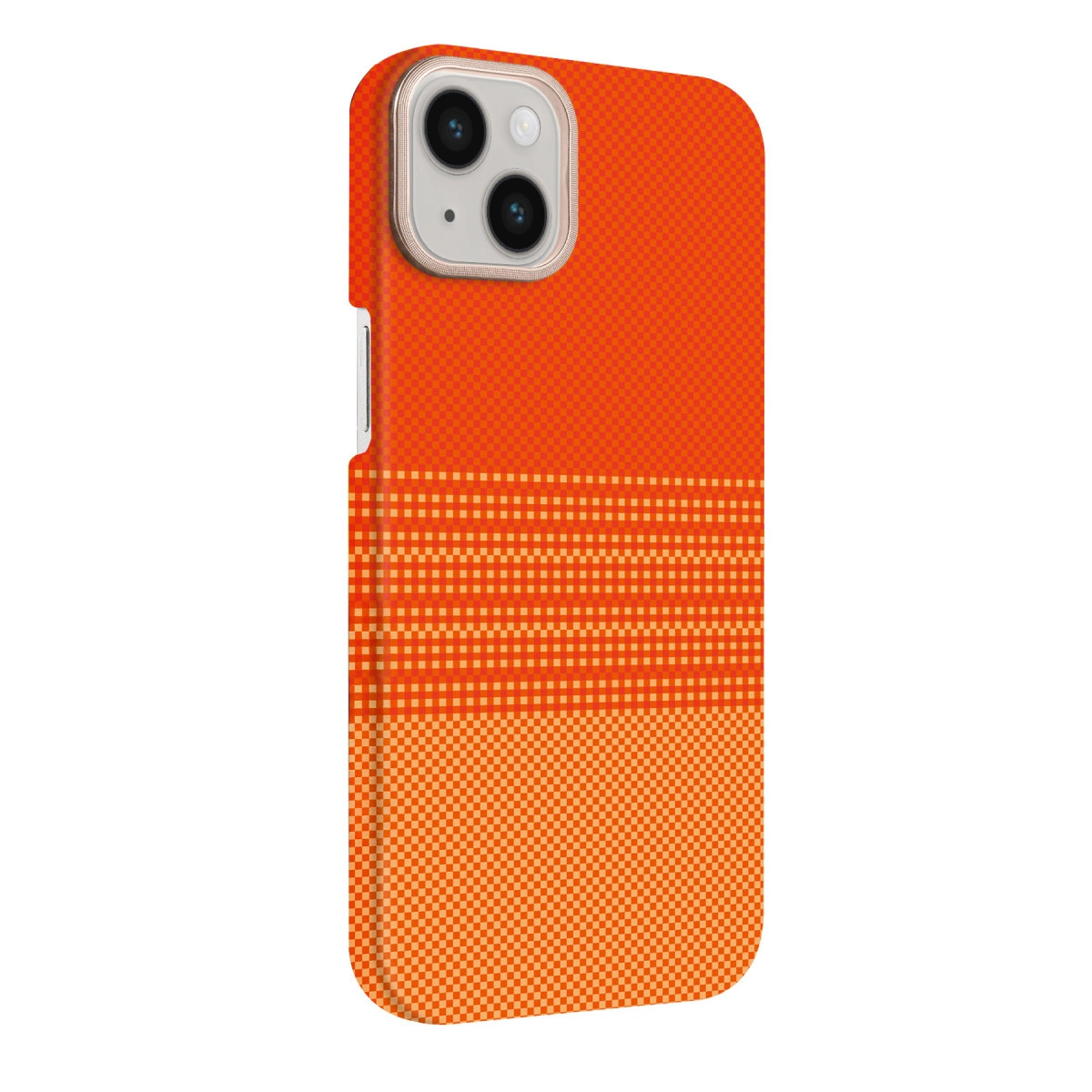 Kare desenli ve yatay çizgili turuncu iPhone kılıfı.