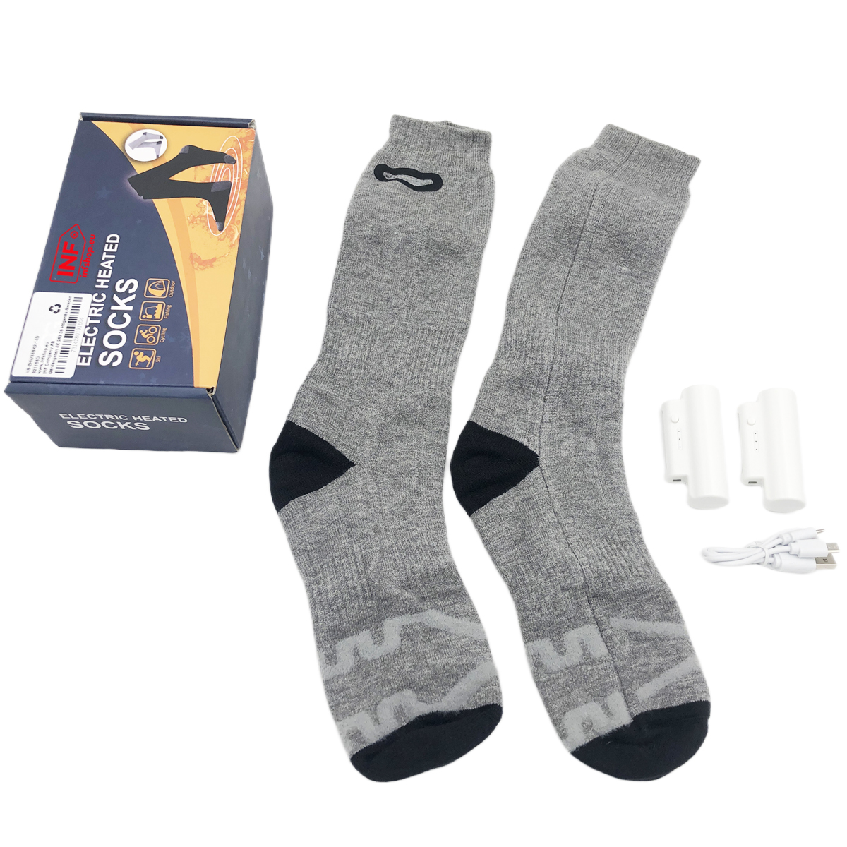 Szare podgrzewane skarpety z czarnymi akcentami, bateriami i kablami.