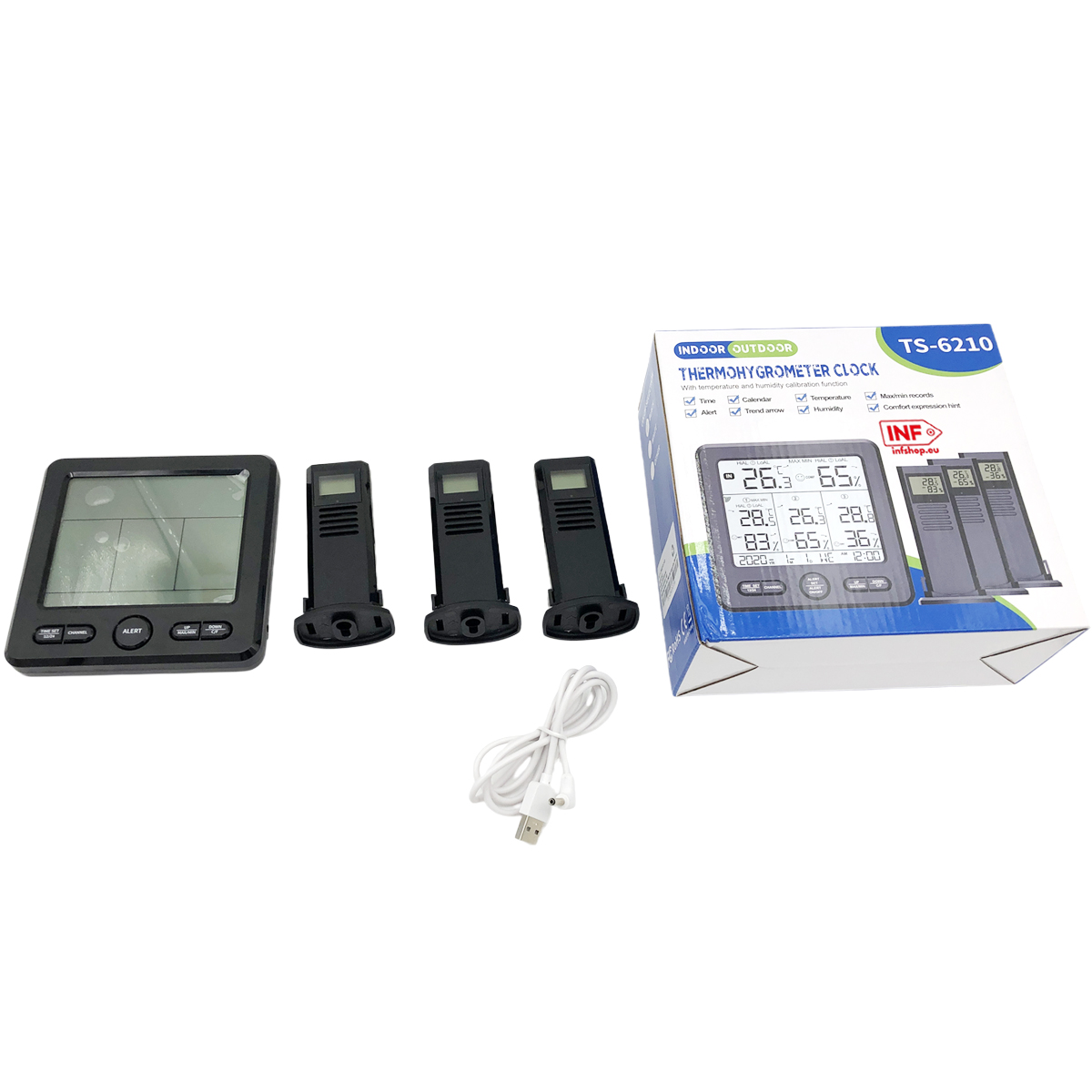 Zestaw termo-higrometru z jednostką główną, trzema czujnikami i kablem USB.
